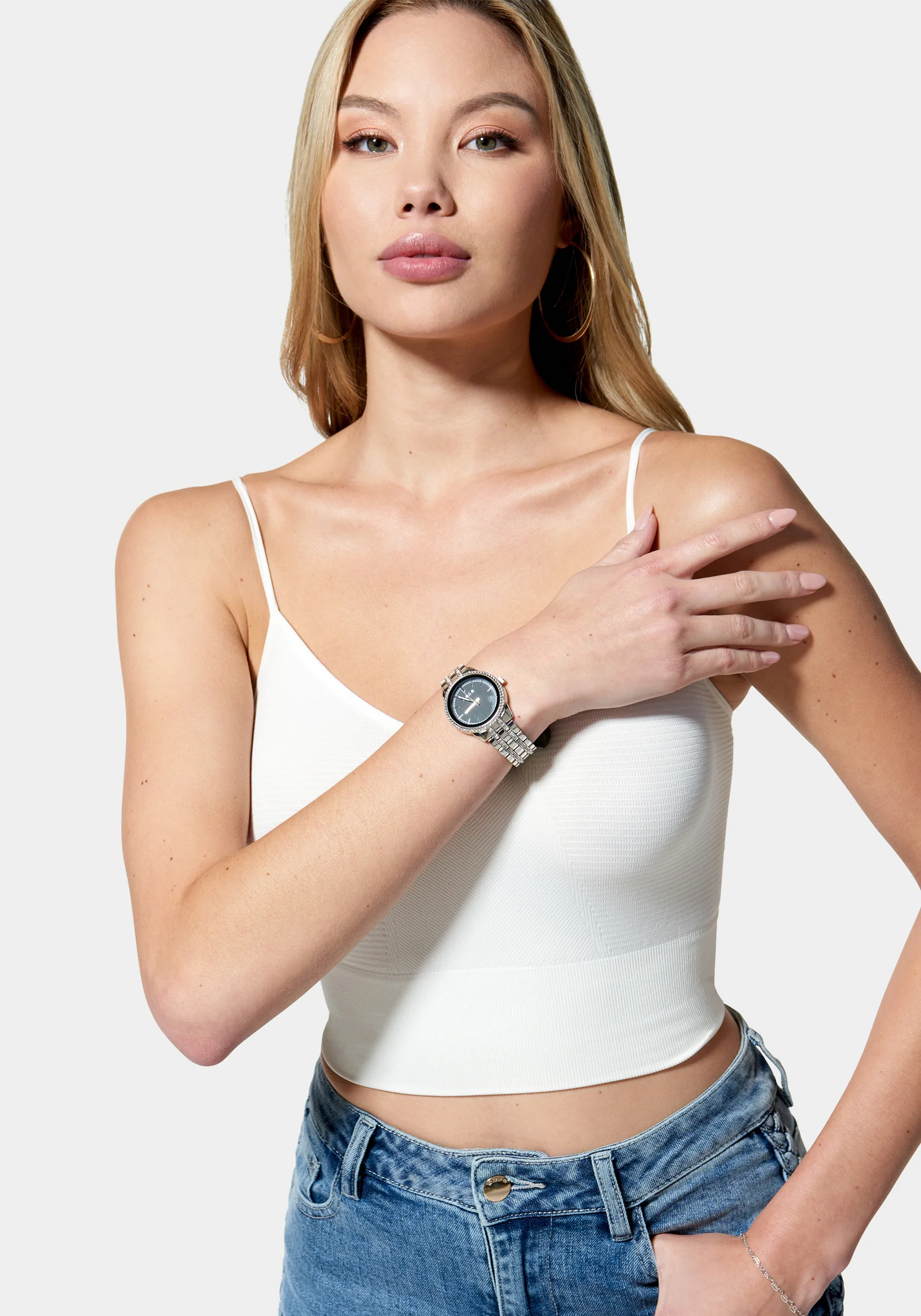 Glossy Black Dial Crystal Bezel Watch - Image 4