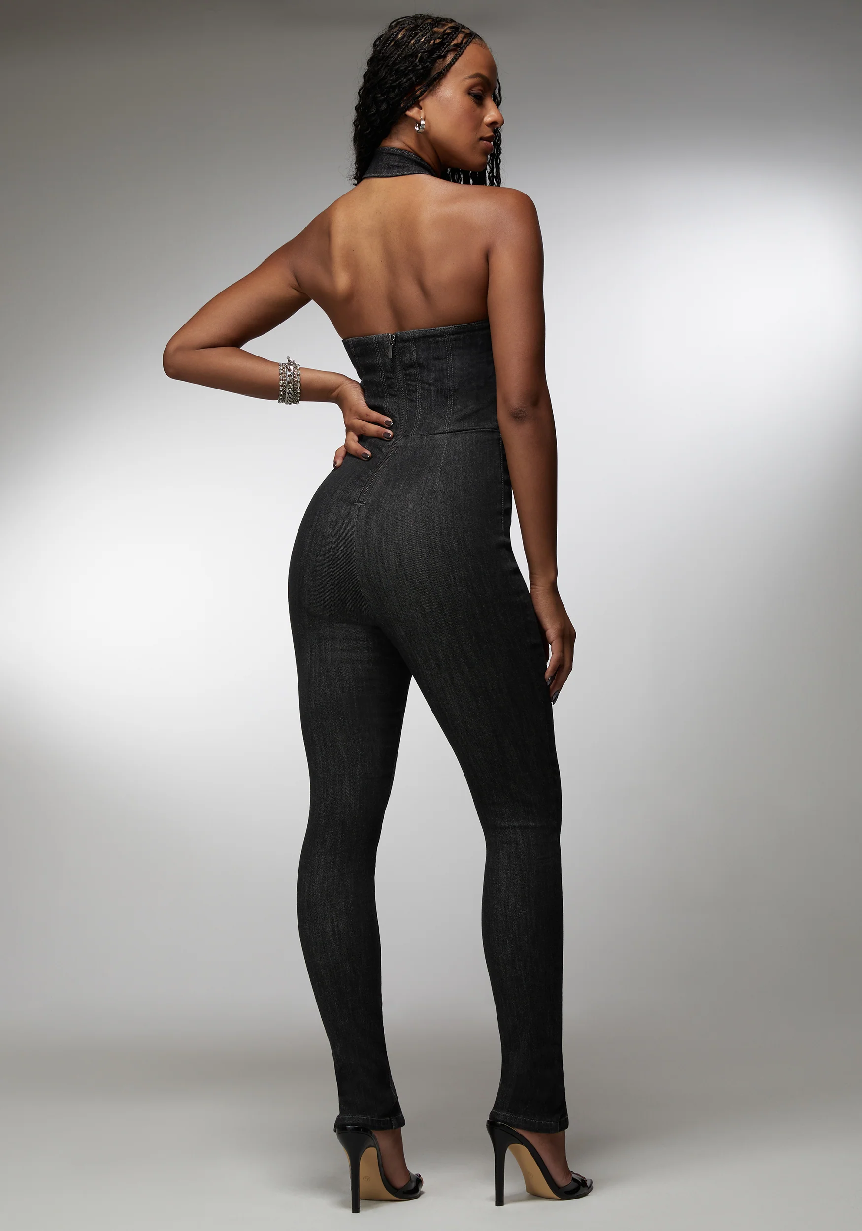 Halter Multi Zip Slim Leg Denim Jumpsuit - Image 3