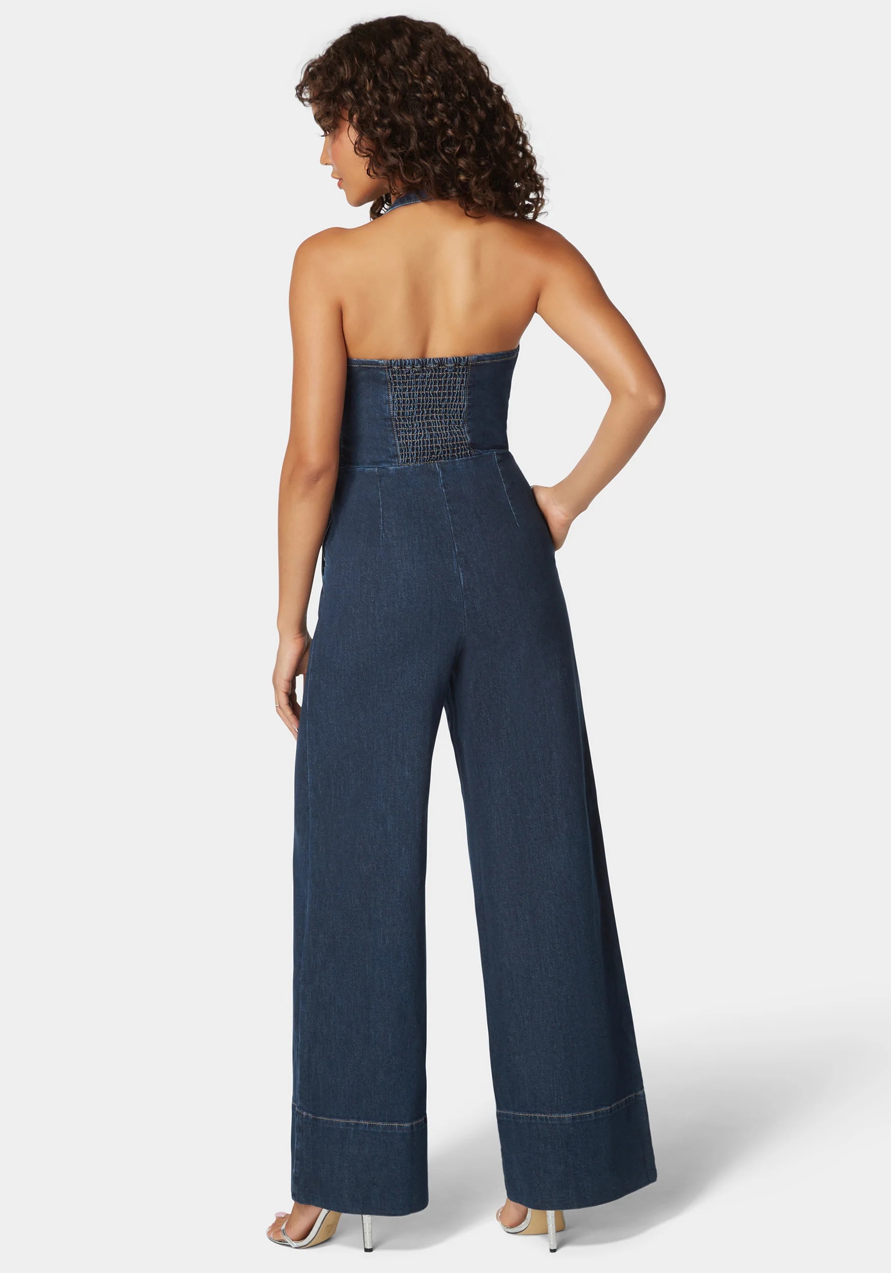 Halter Neck Buckle Detail Wide Leg Denim Jumpsuit - Image 3