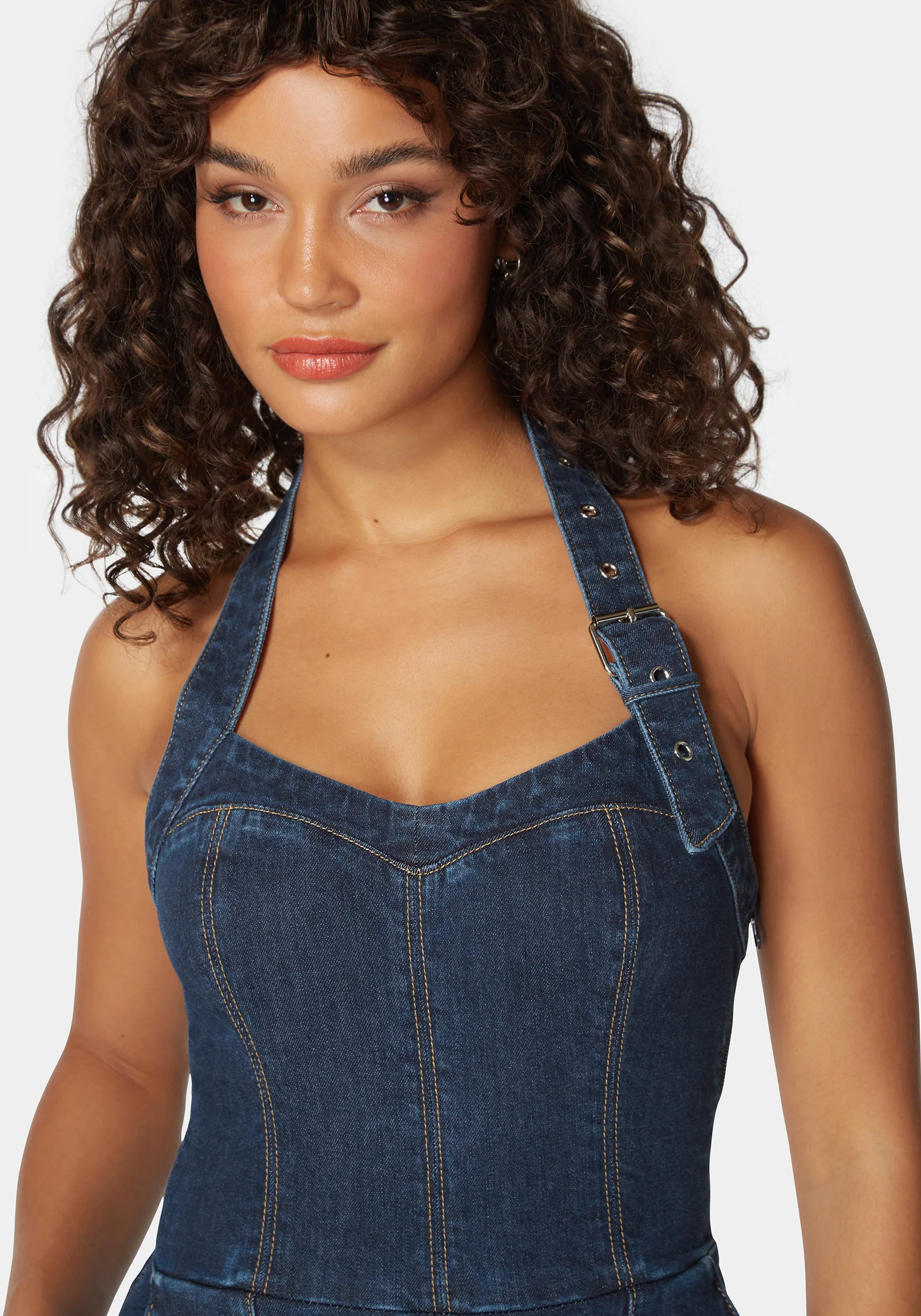 Halter Neck Buckle Detail Wide Leg Denim Jumpsuit - Image 4