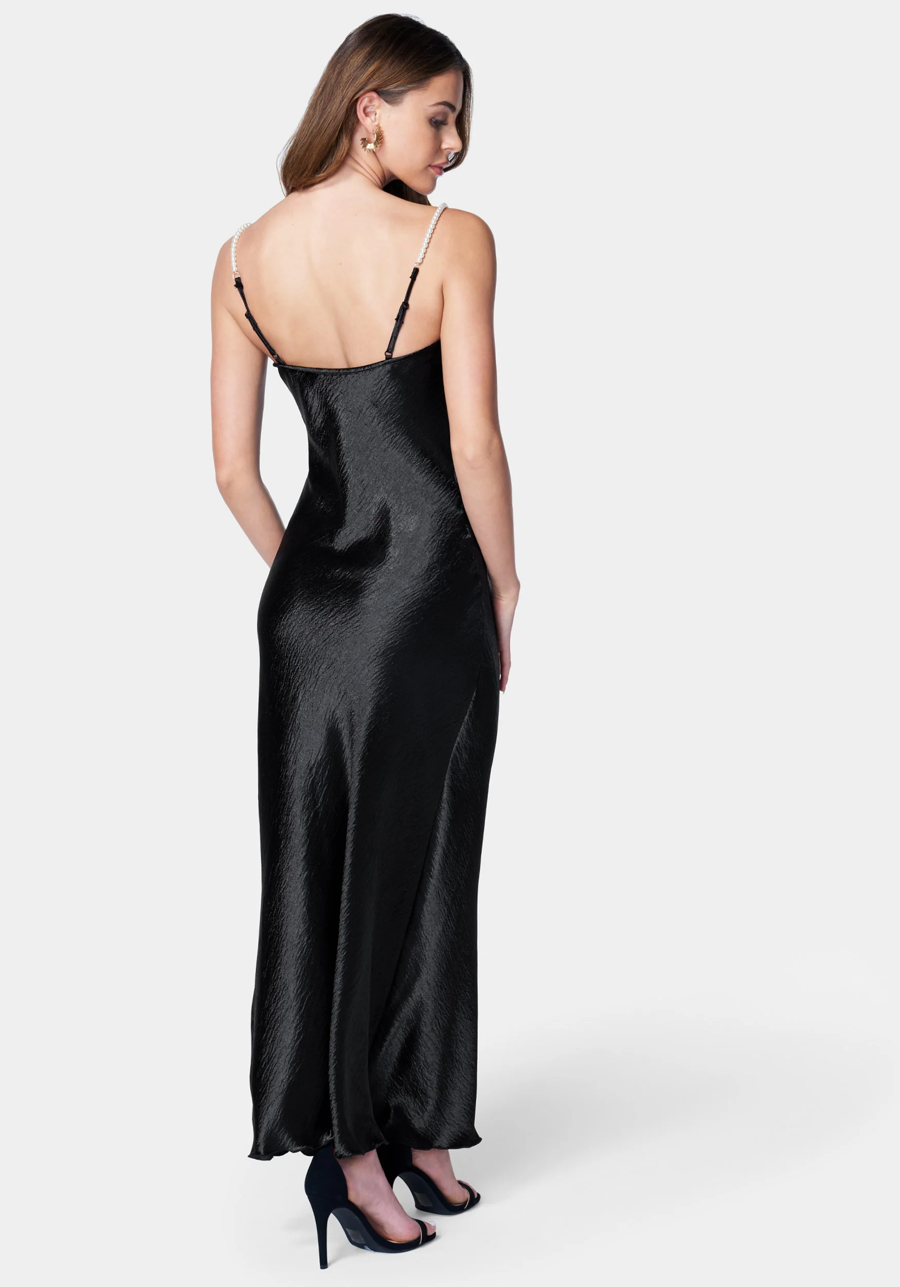 Hammered Satin Cowl Neck Pearl Strap Maxi Dress - Image 3