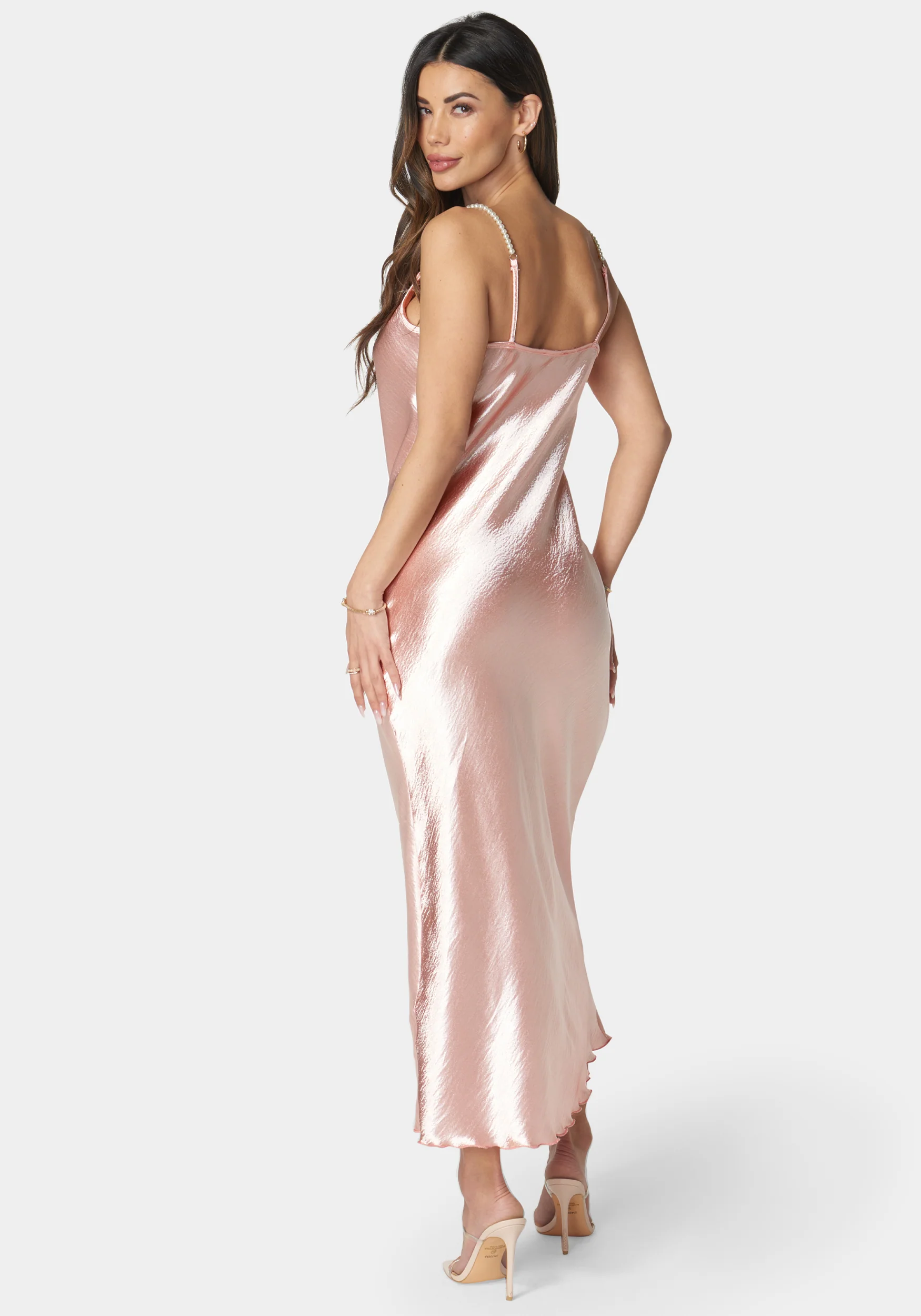Hammered Satin Cowl Neck Pearl Strap Maxi Dress - Image 3