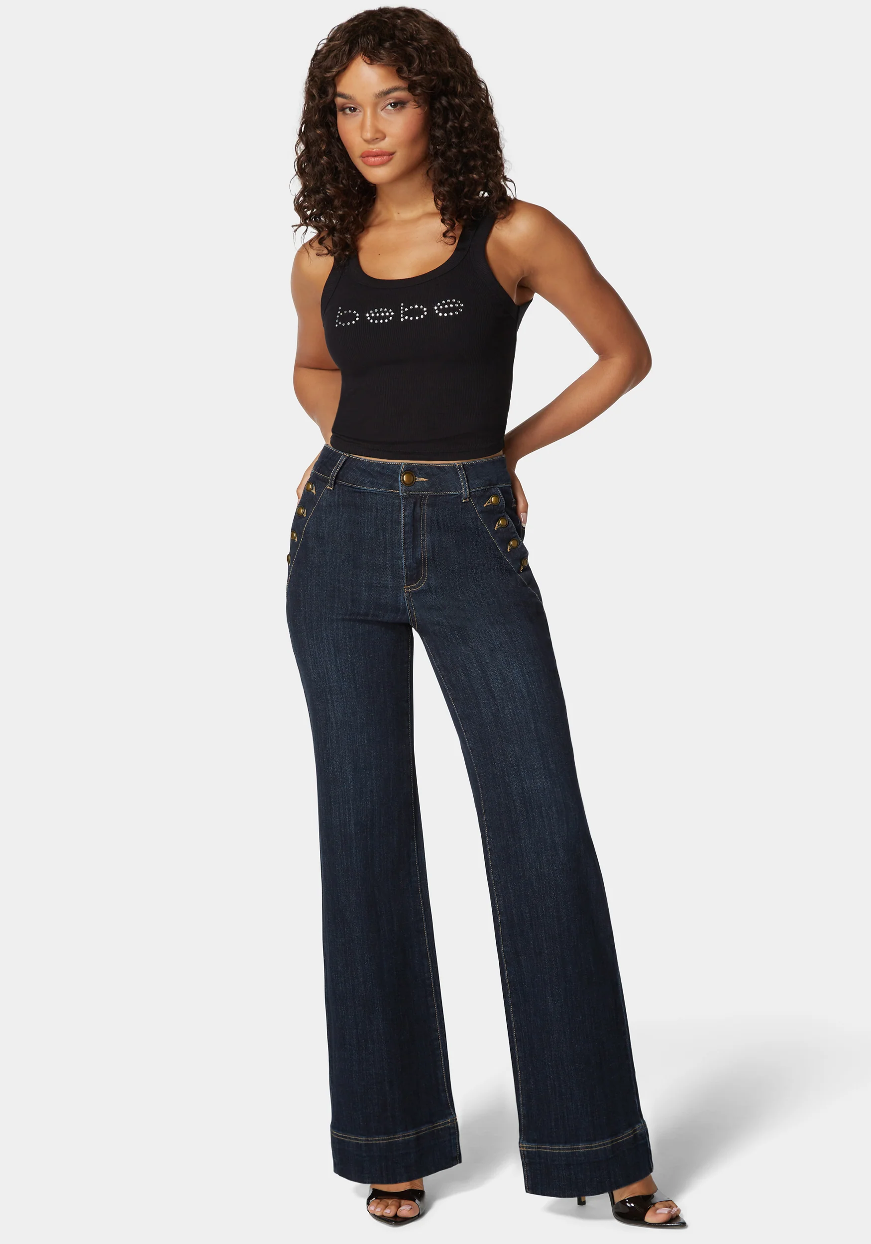 High Waist Button Detail Flared Leg Jeans - Image 2