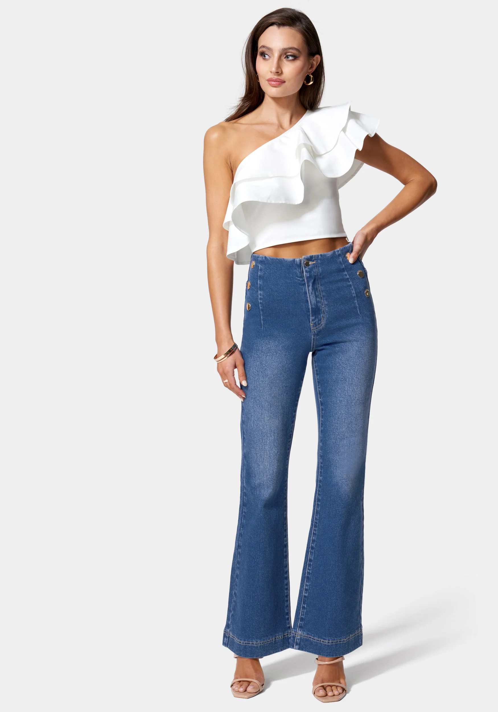 High Waist Button Detail Wide Leg Jeans - Image 2