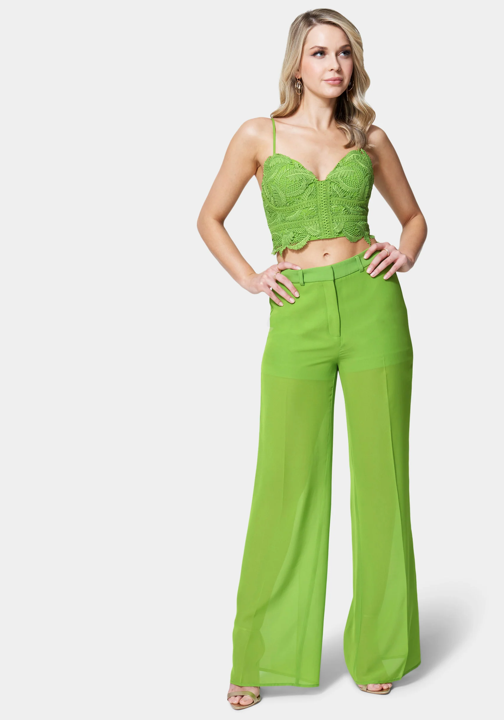 High Waist Chiffon Wide Leg Illusion Woven Twill Pant - Image 2