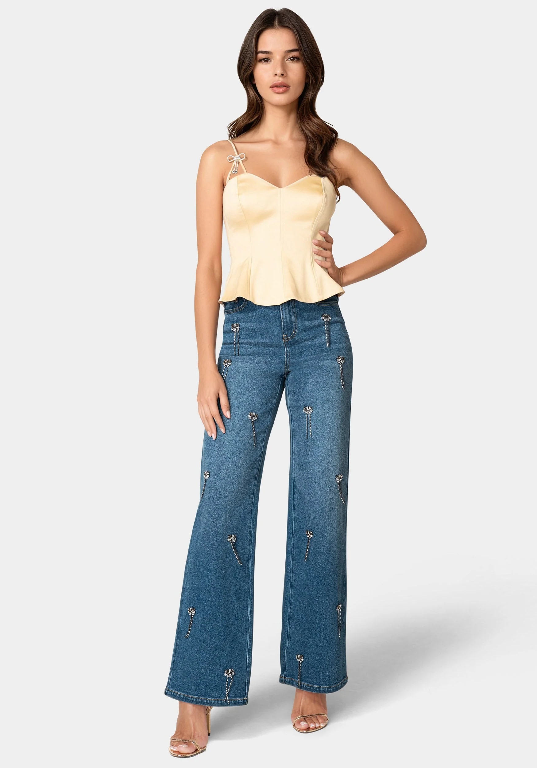 High Waist Clustered Rhinestone Wide Leg Jeans - Image 4