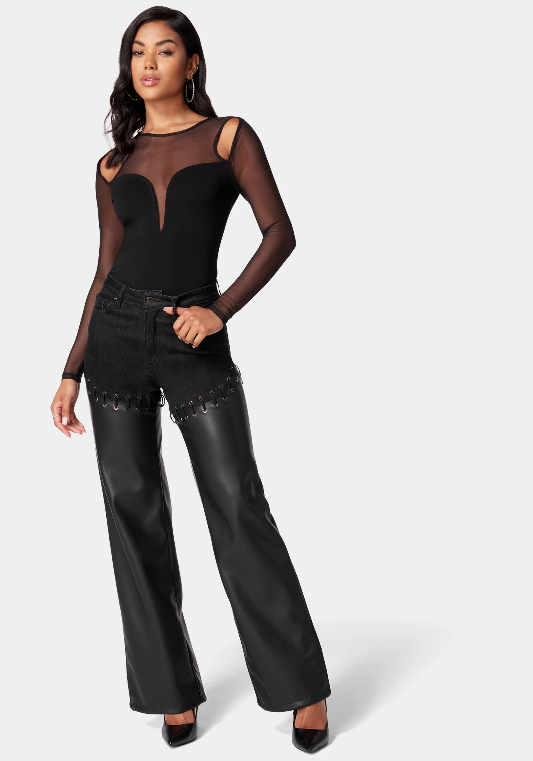 High Waist Denim Combo Vegan Leather Wide Leg Pant - Image 2