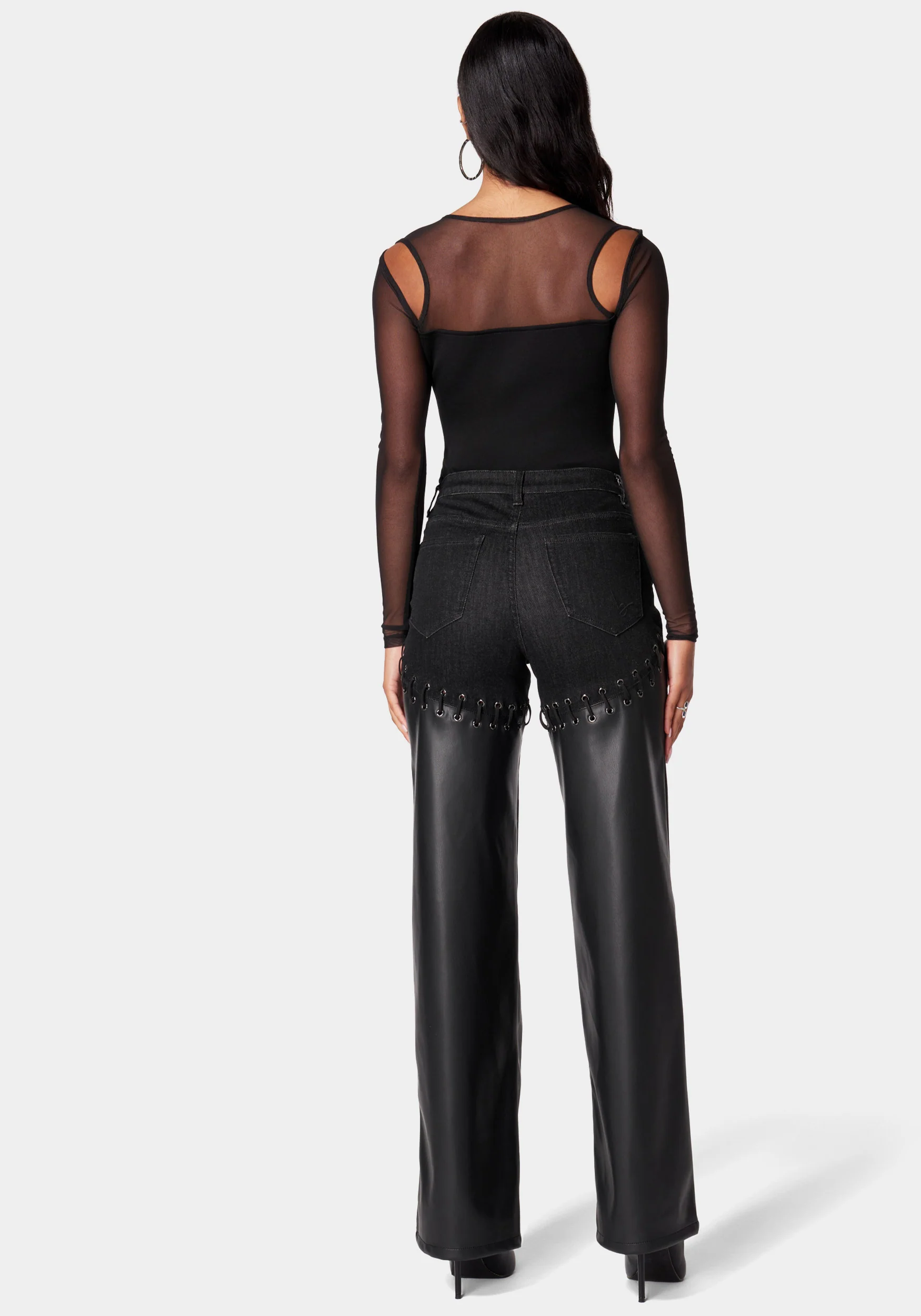 High Waist Denim Combo Vegan Leather Wide Leg Pant - Image 3