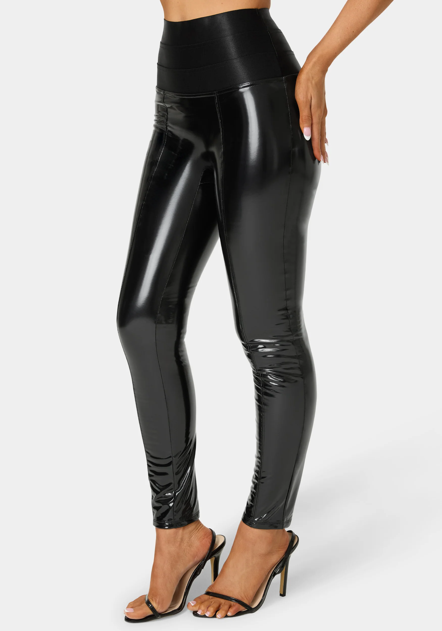 High Waist Elastic Waistband Shiny Vegan Leather Legging - Image 3