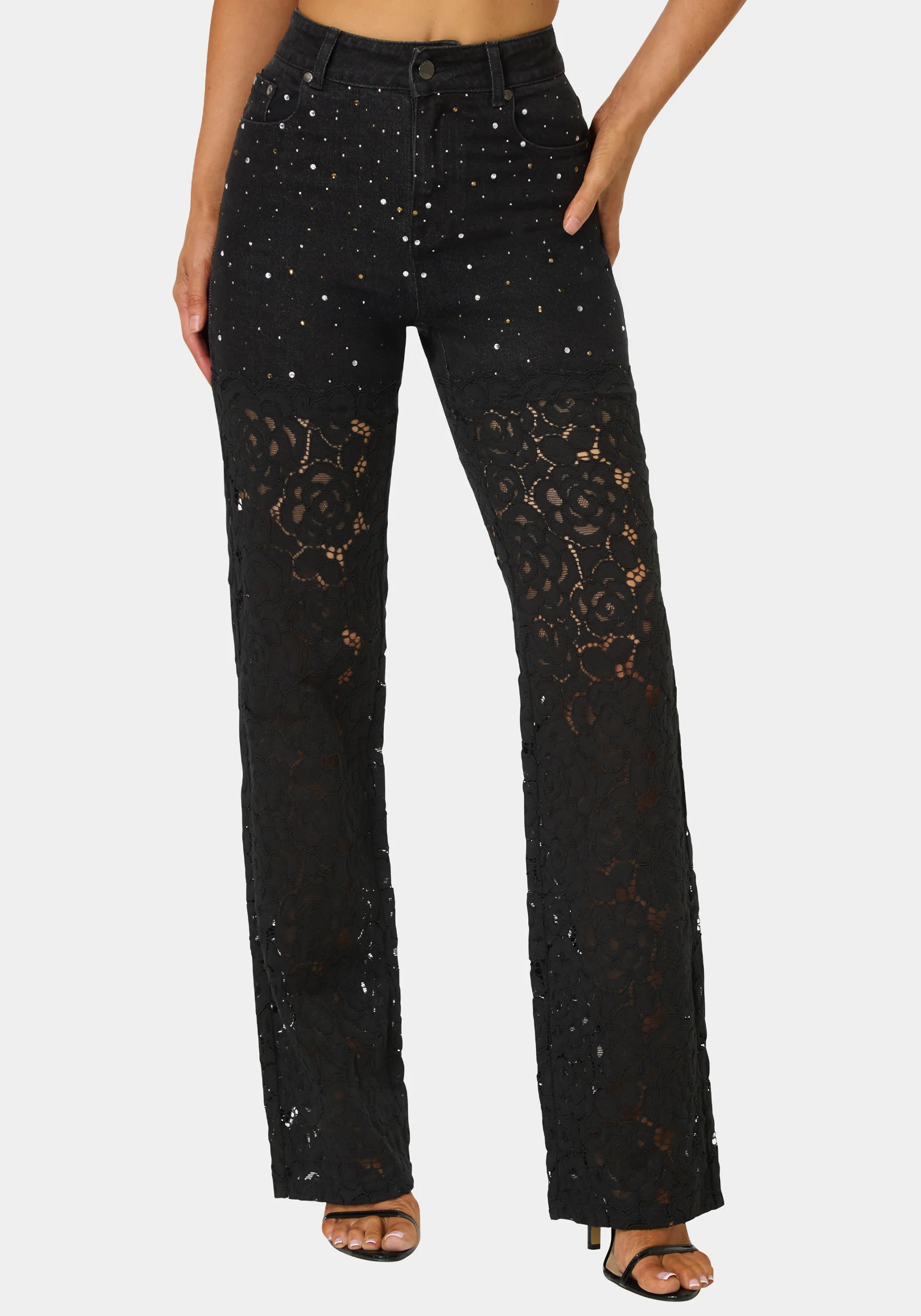 High Waist Embellished Lace Wide Leg Jeans