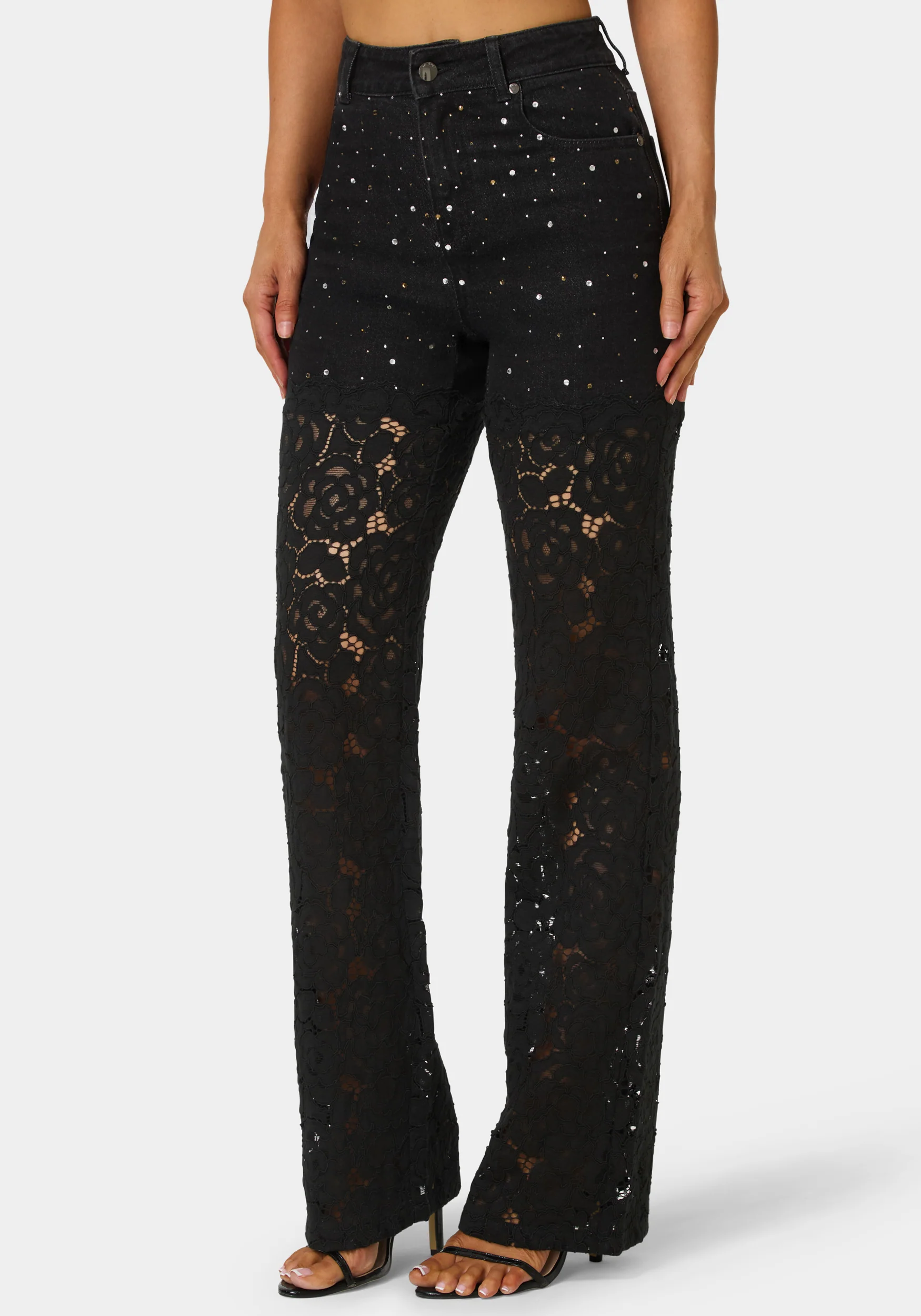 High Waist Embellished Lace Wide Leg Jeans - Image 2