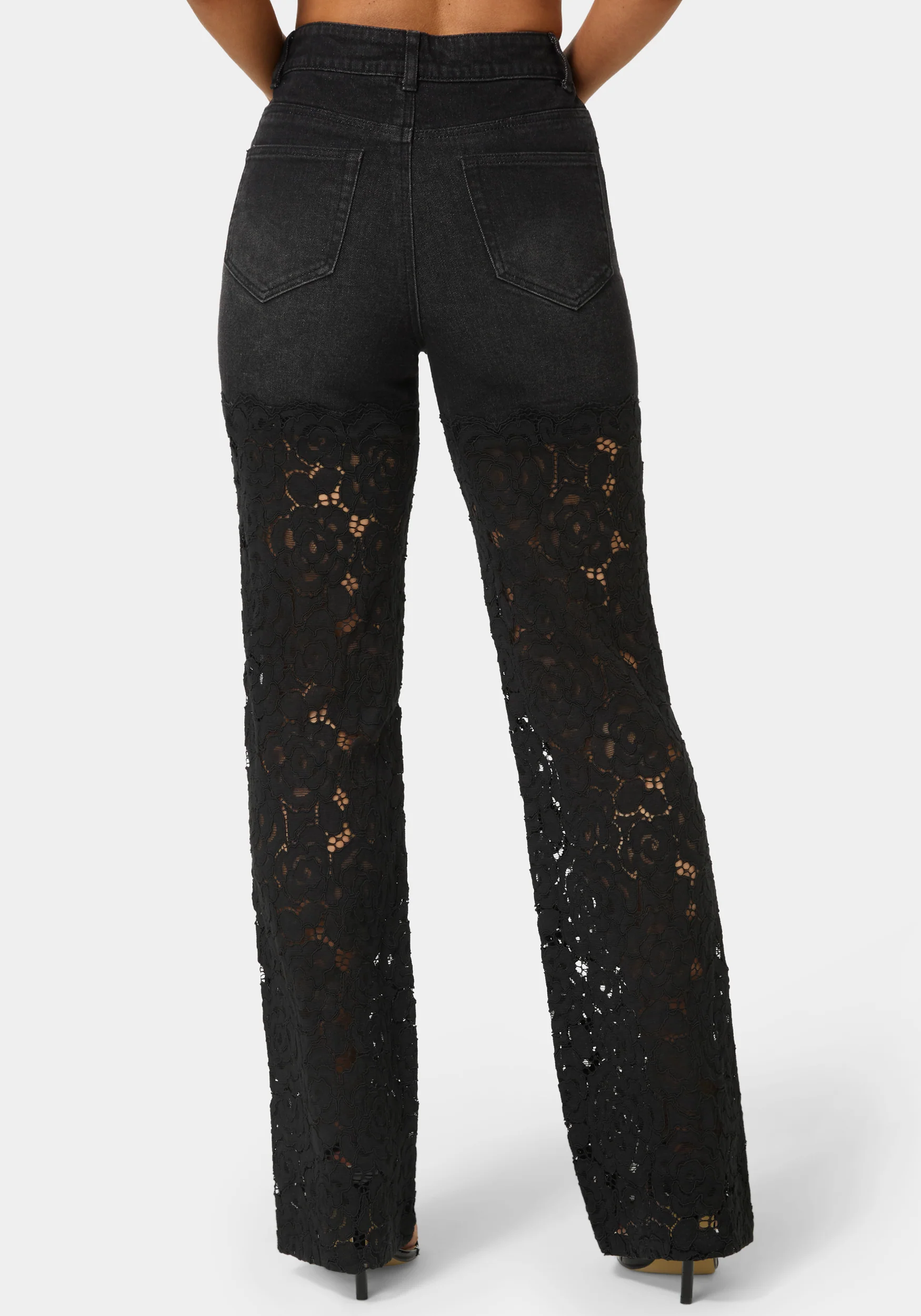High Waist Embellished Lace Wide Leg Jeans - Image 3