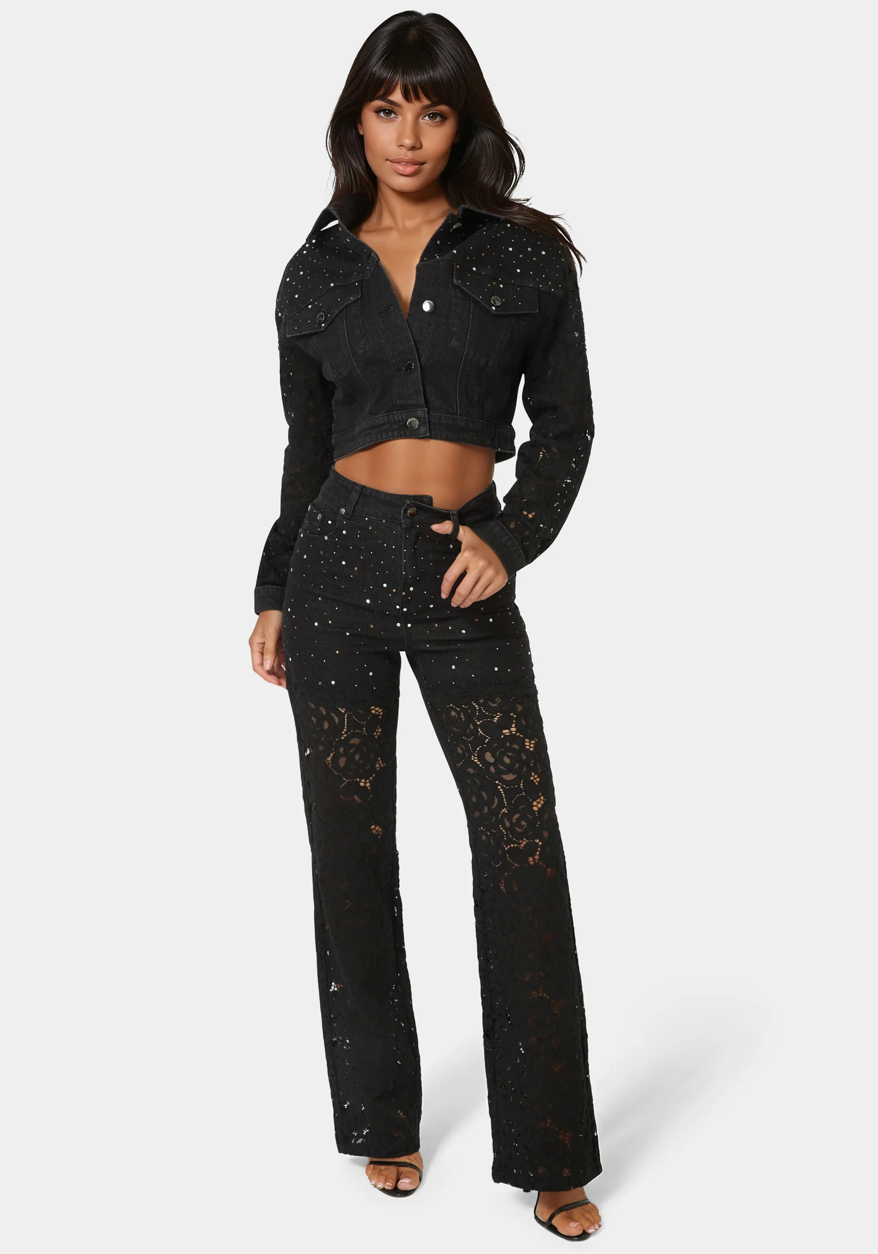 High Waist Embellished Lace Wide Leg Jeans - Image 4