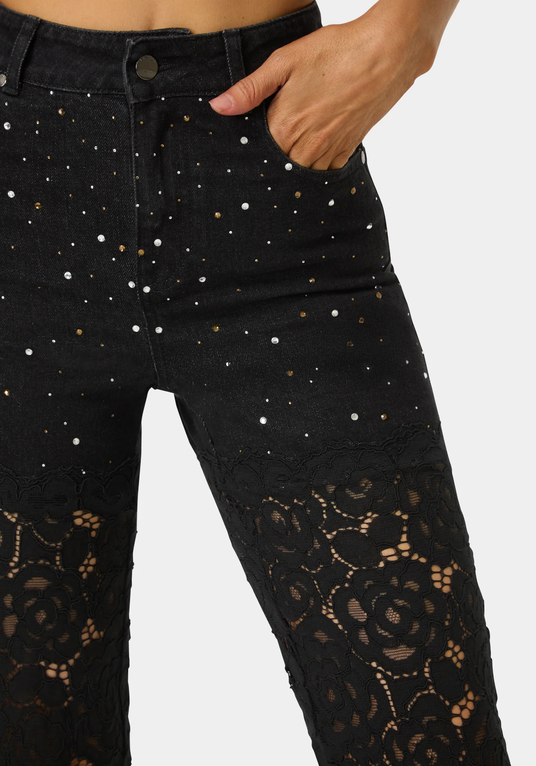 High Waist Embellished Lace Wide Leg Jeans - Image 5
