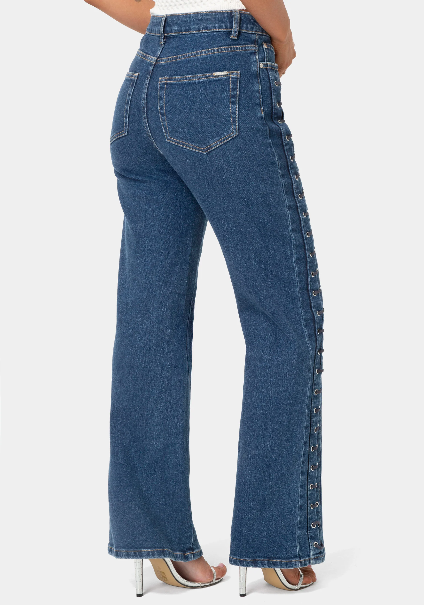 High Waist Eyelet Lace Up Wide Leg Jean - Image 3
