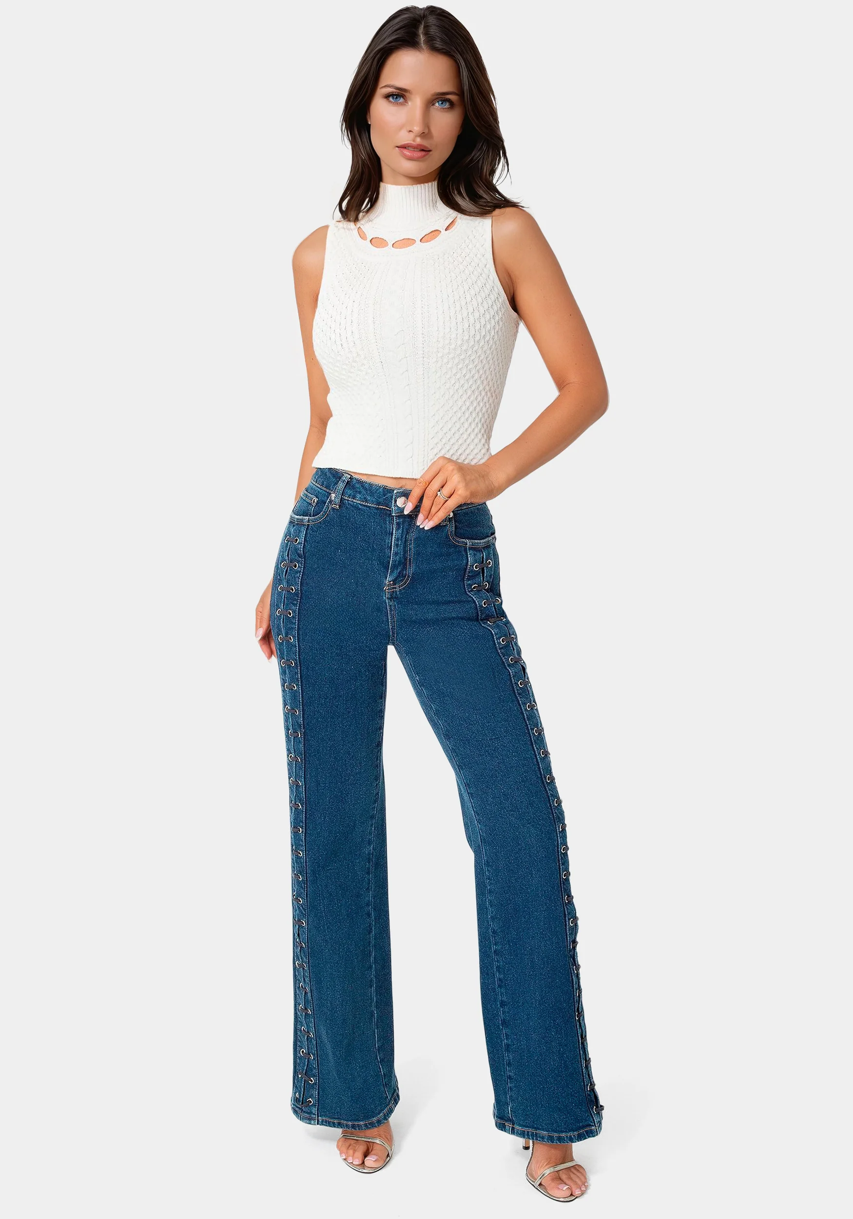 High Waist Eyelet Lace Up Wide Leg Jean - Image 4