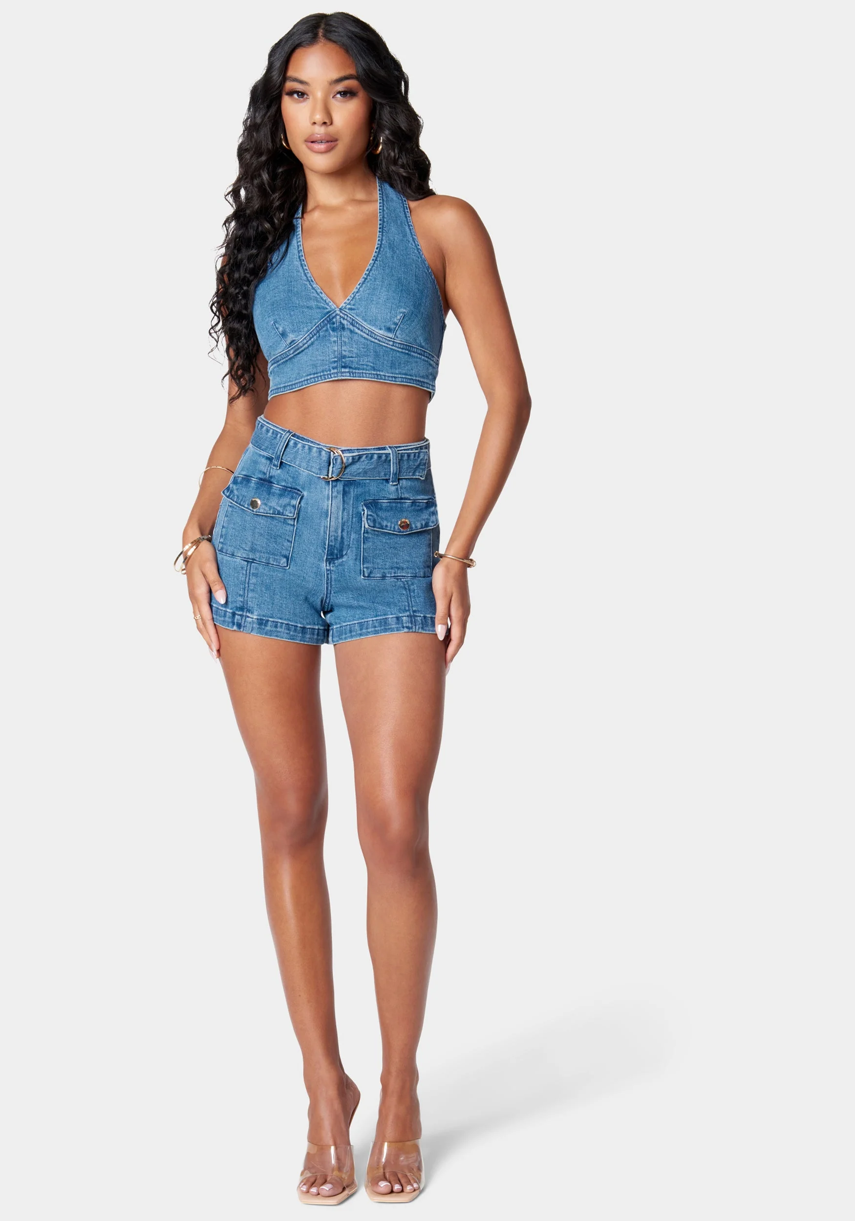 High Waist Patch Pockets Detail Denim Short - Image 2