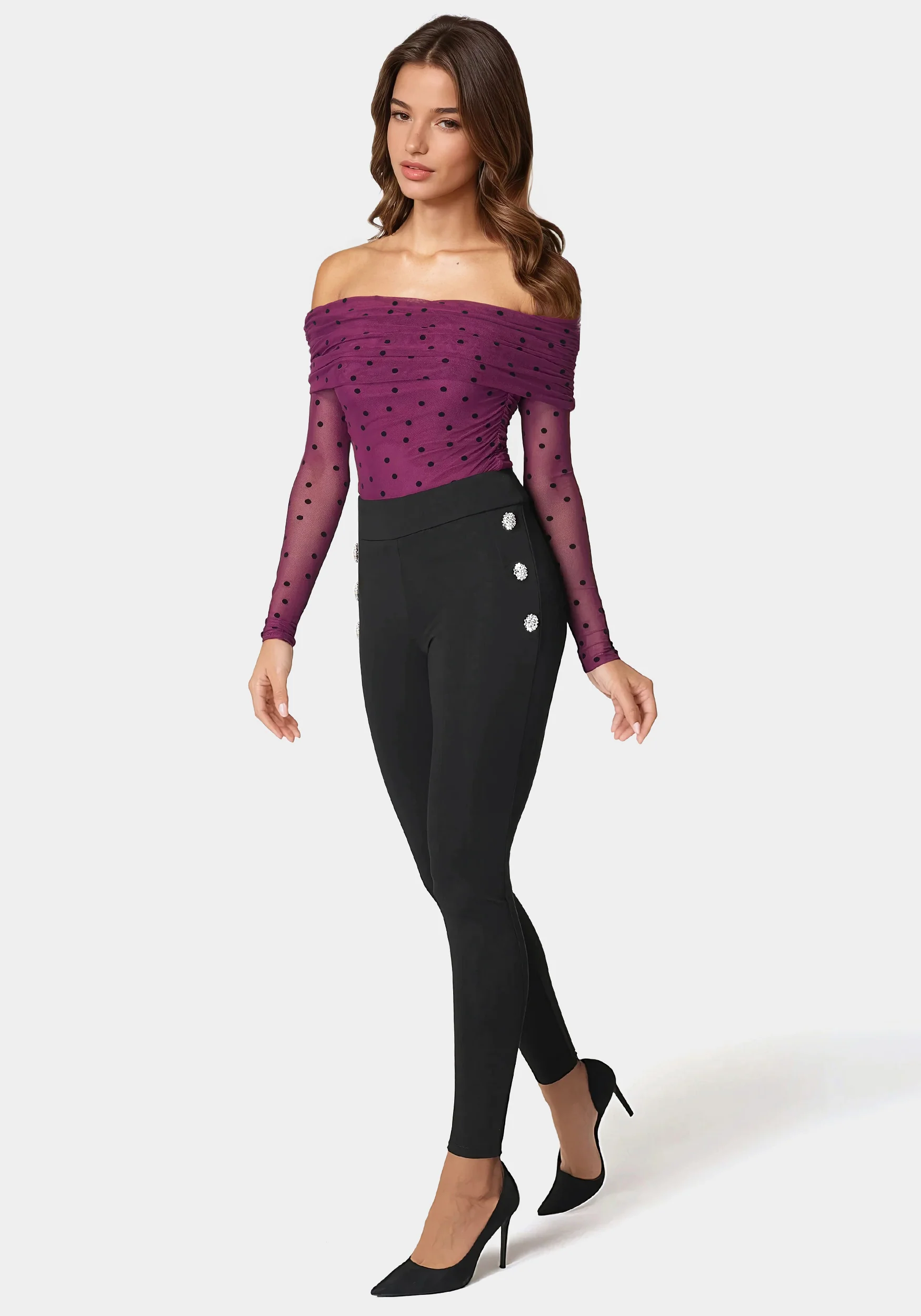 High Waist Rhinestone Button Legging - Image 2