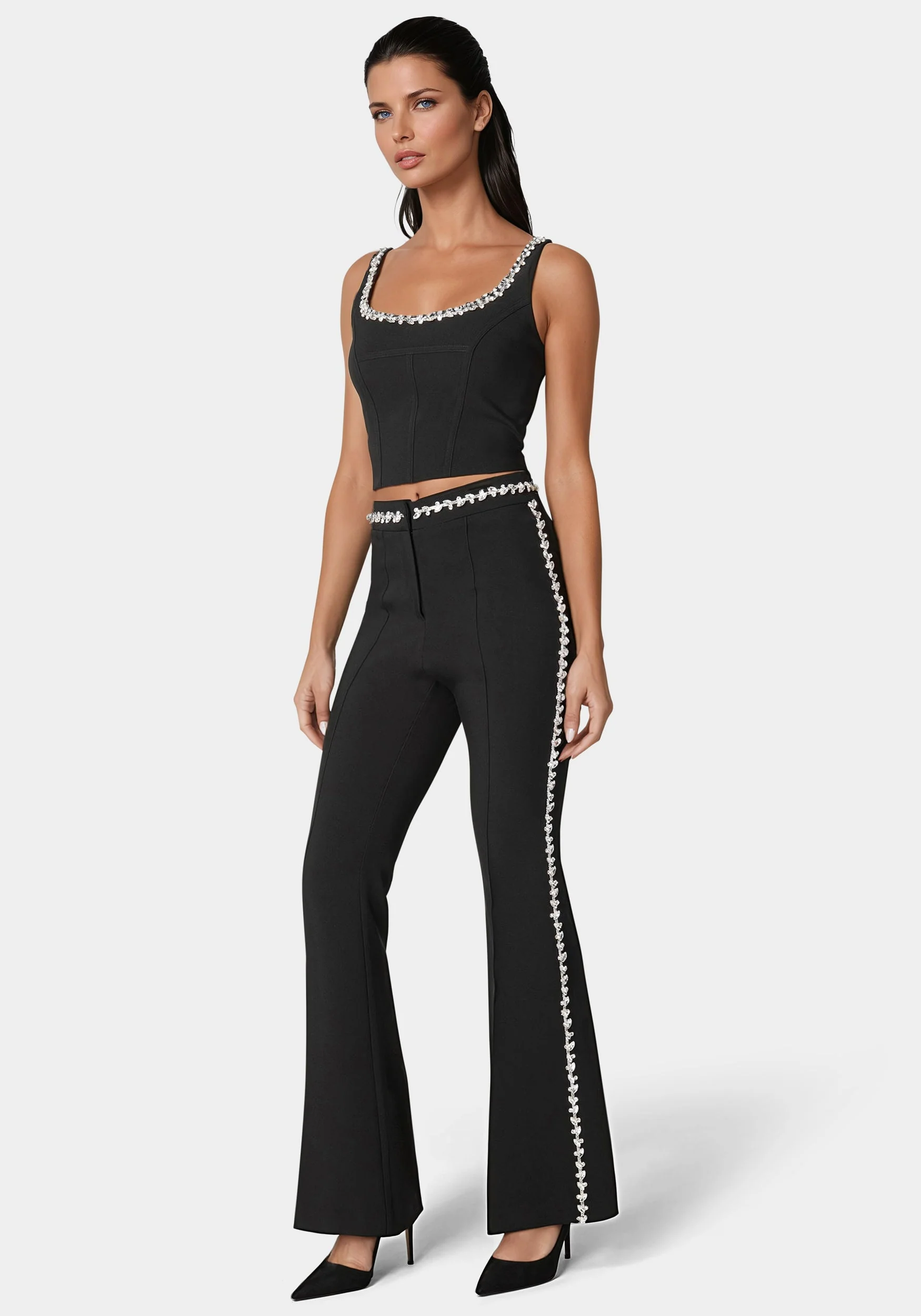 High Waist Rhinestone Trim Flared Pant - Image 2