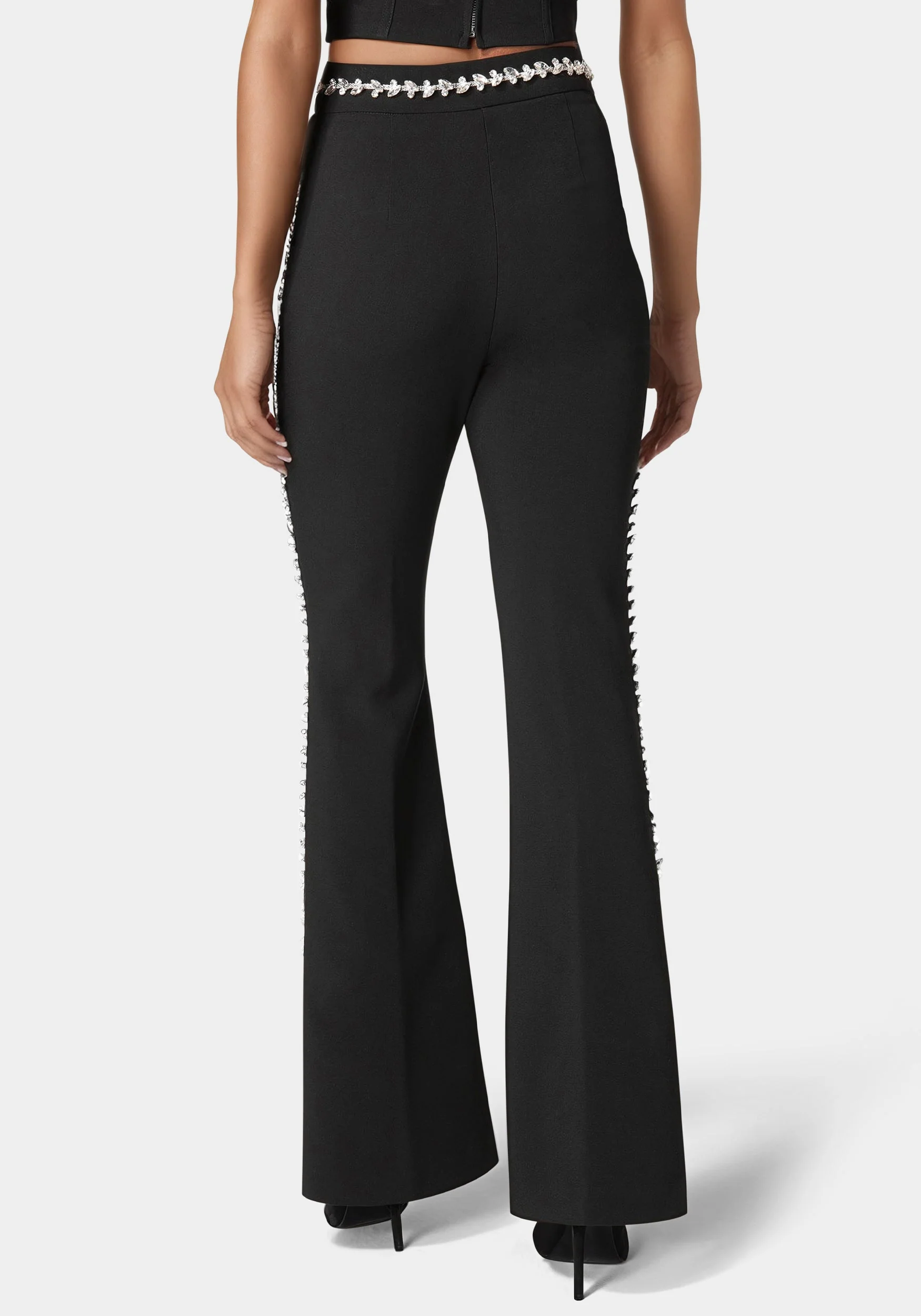 High Waist Rhinestone Trim Flared Pant - Image 3