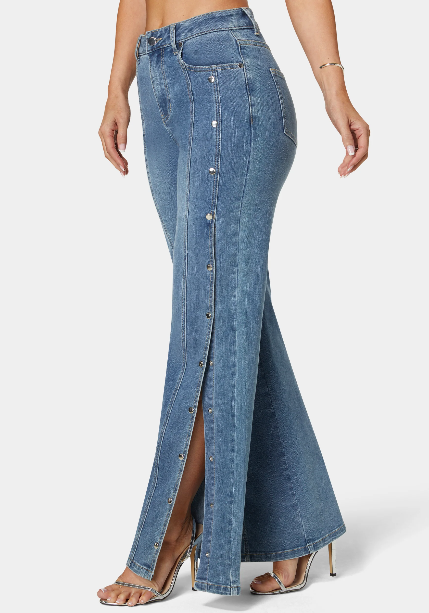 High Waist Snap Detail Wide Leg Jeans - Image 2
