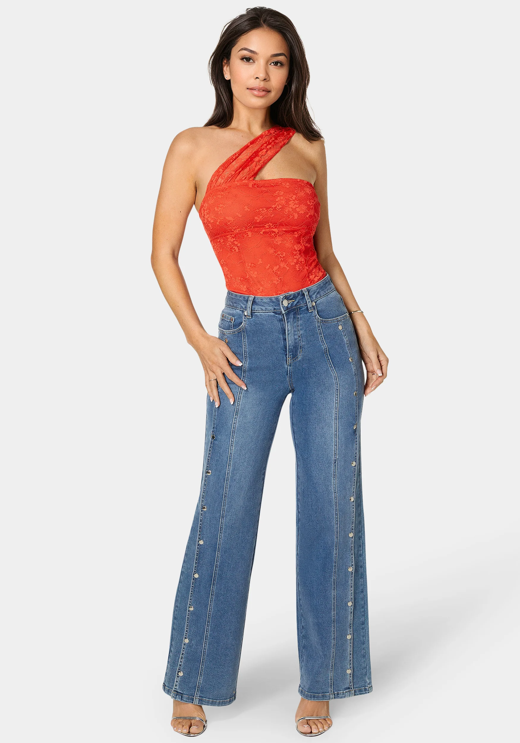 High Waist Snap Detail Wide Leg Jeans - Image 3