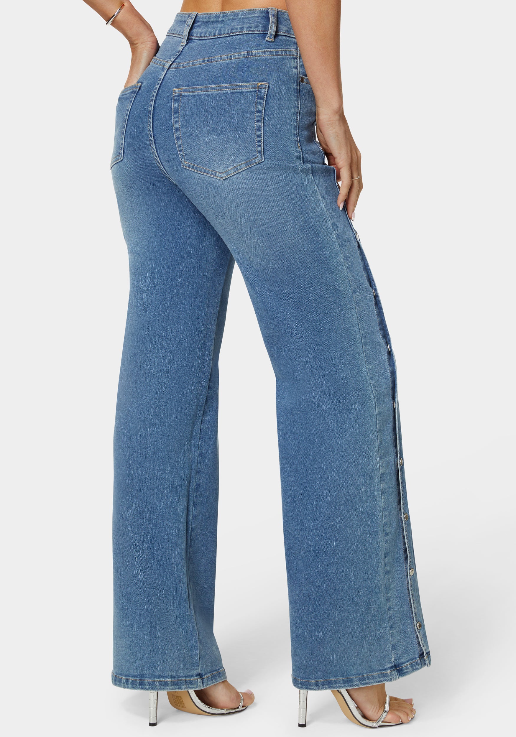 High Waist Snap Detail Wide Leg Jeans - Image 5