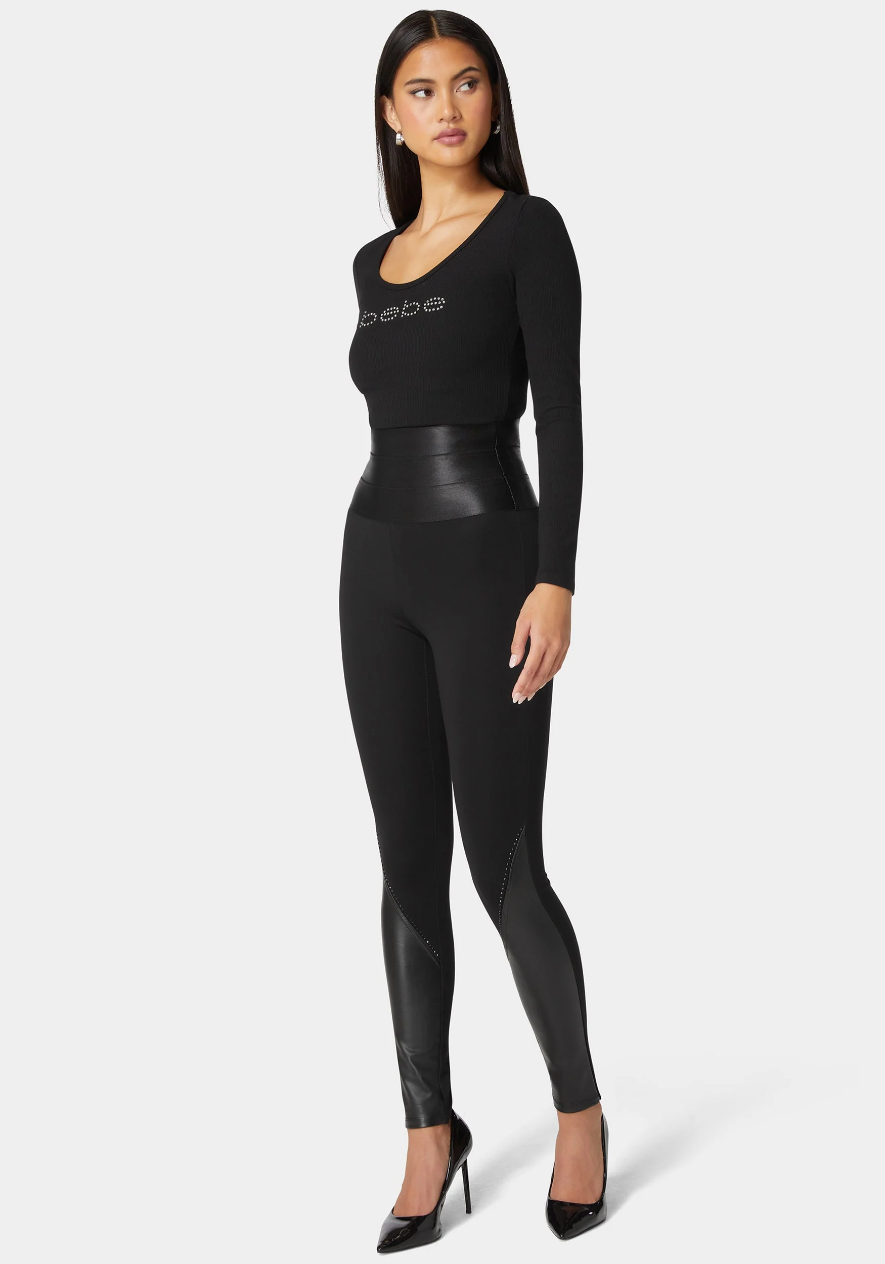 High Waist Stud Details Vegan Leather Insert Pdr Legging - Image 2