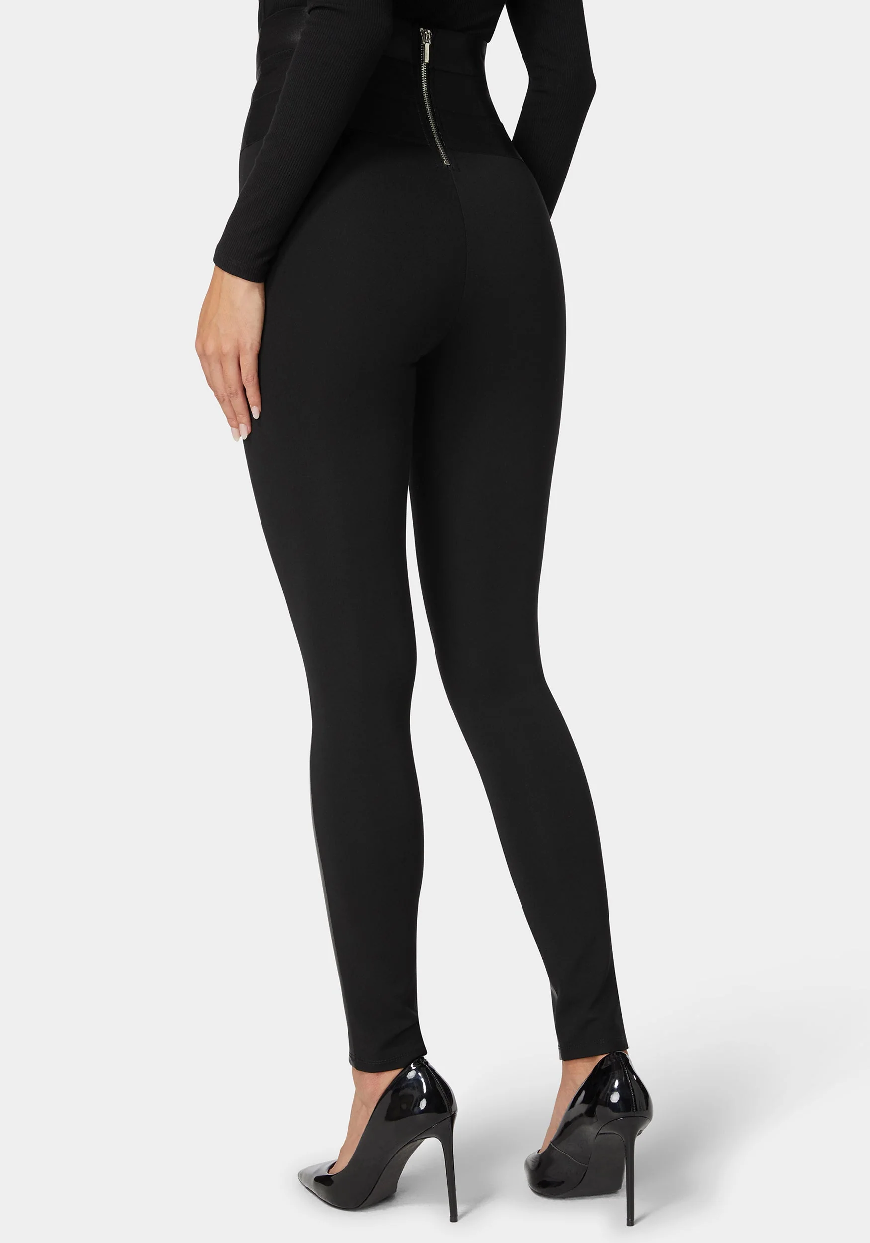 High Waist Stud Details Vegan Leather Insert Pdr Legging - Image 3