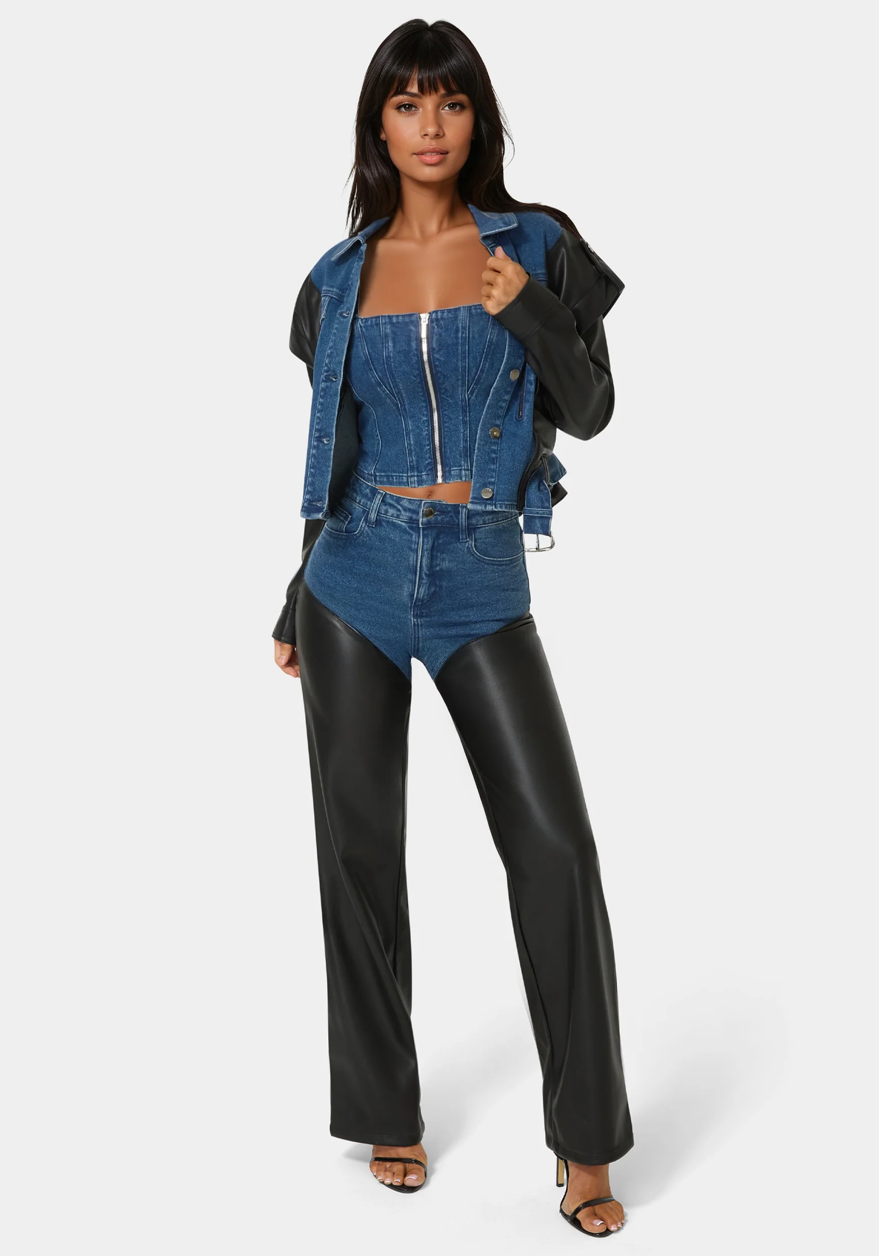 High Waist Vegan Leather Combo Wide Leg Jean - Image 2