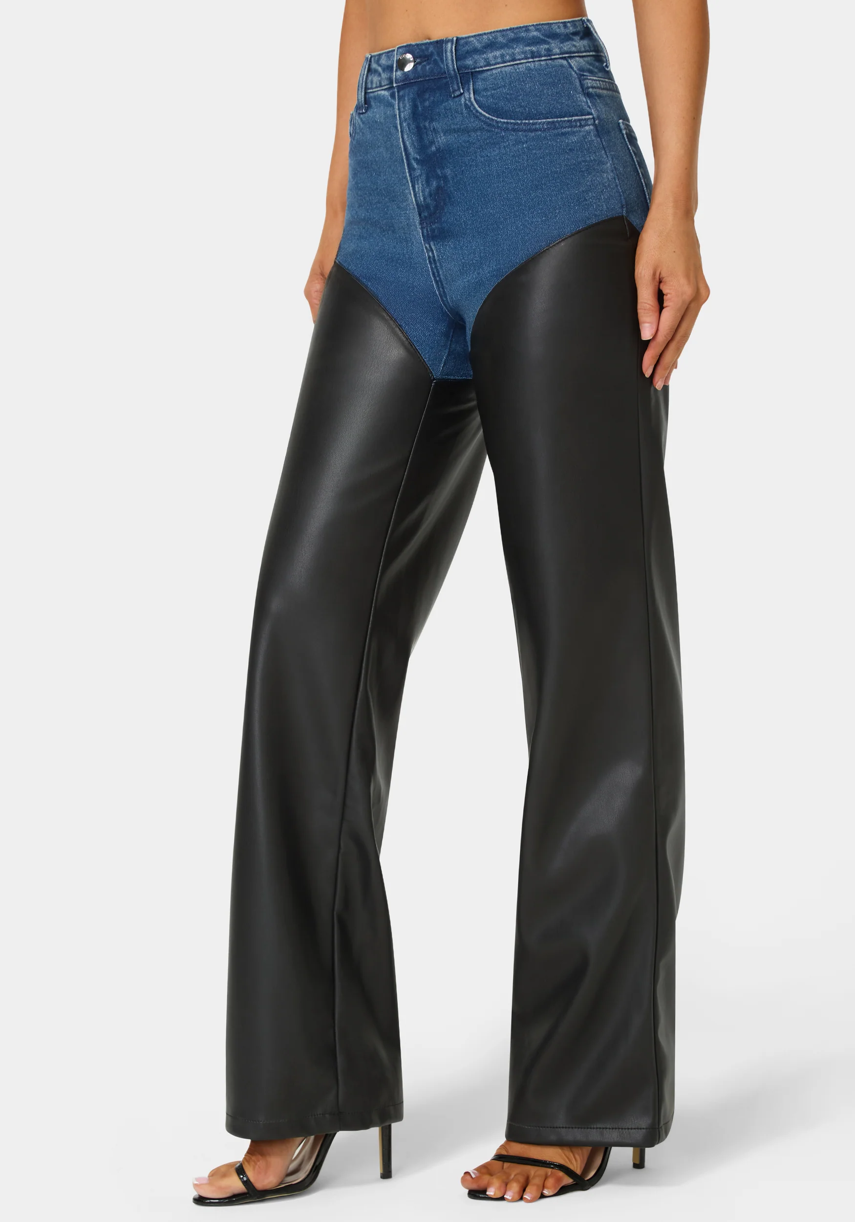 High Waist Vegan Leather Combo Wide Leg Jean - Image 3