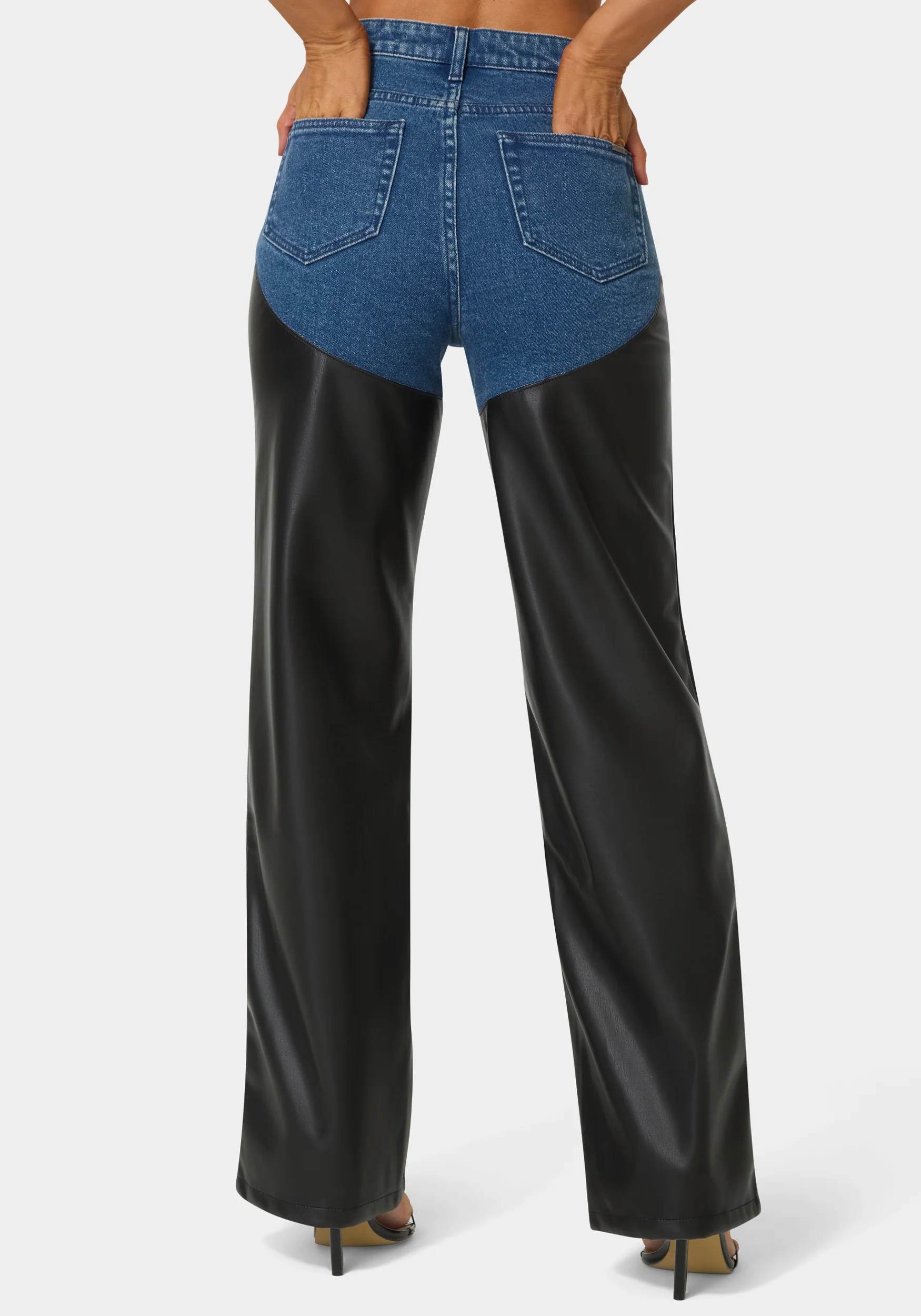 High Waist Vegan Leather Combo Wide Leg Jean - Image 4
