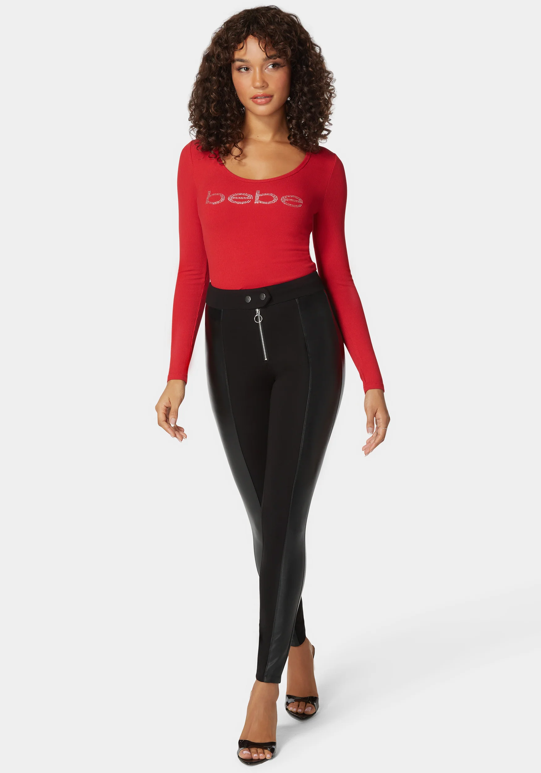 High Waist Vegan Leather Exposed Zip Pdr Legging - Image 2