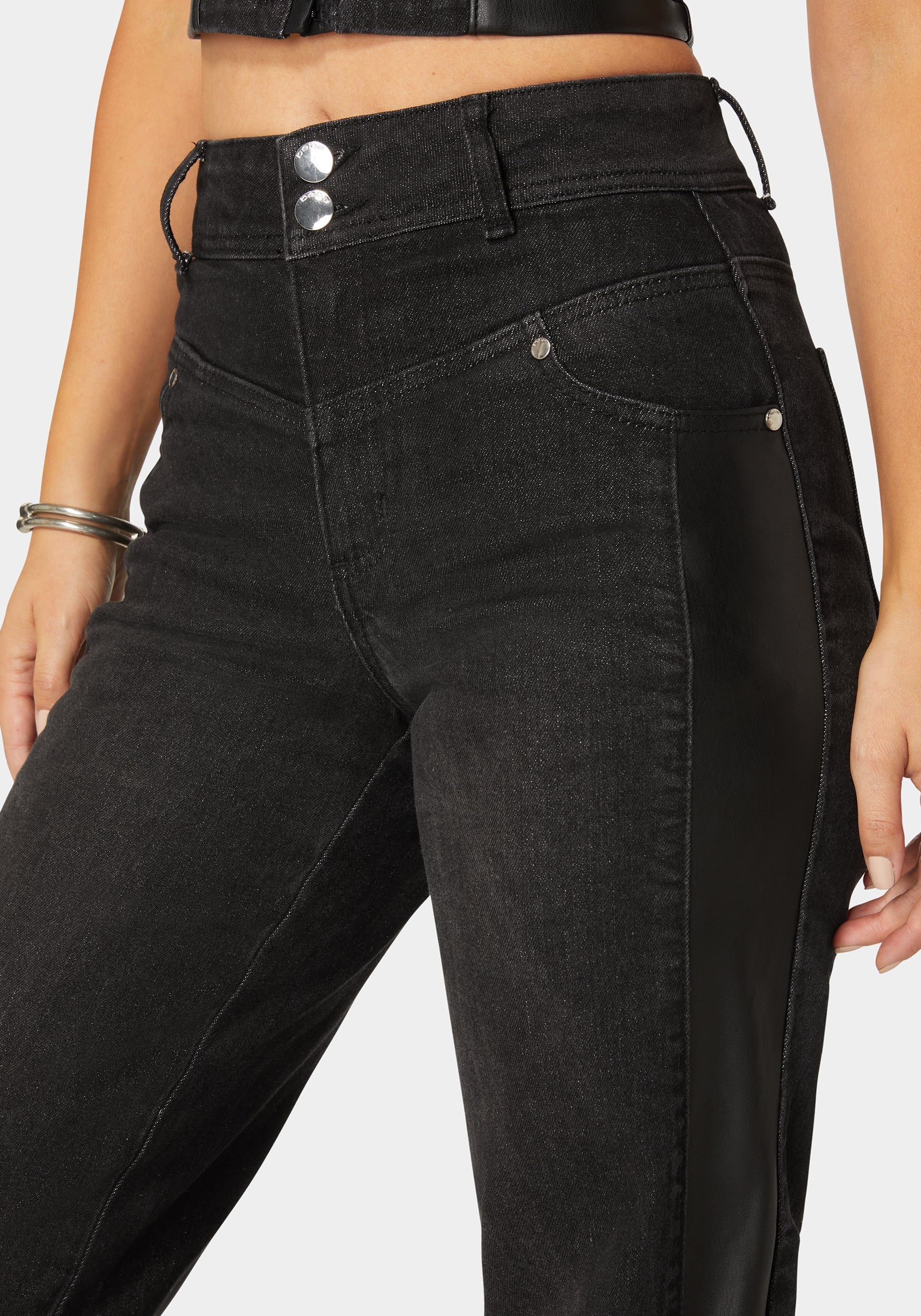 High Waist Vegan Leather Side Panel Wide Leg Jean - Image 3