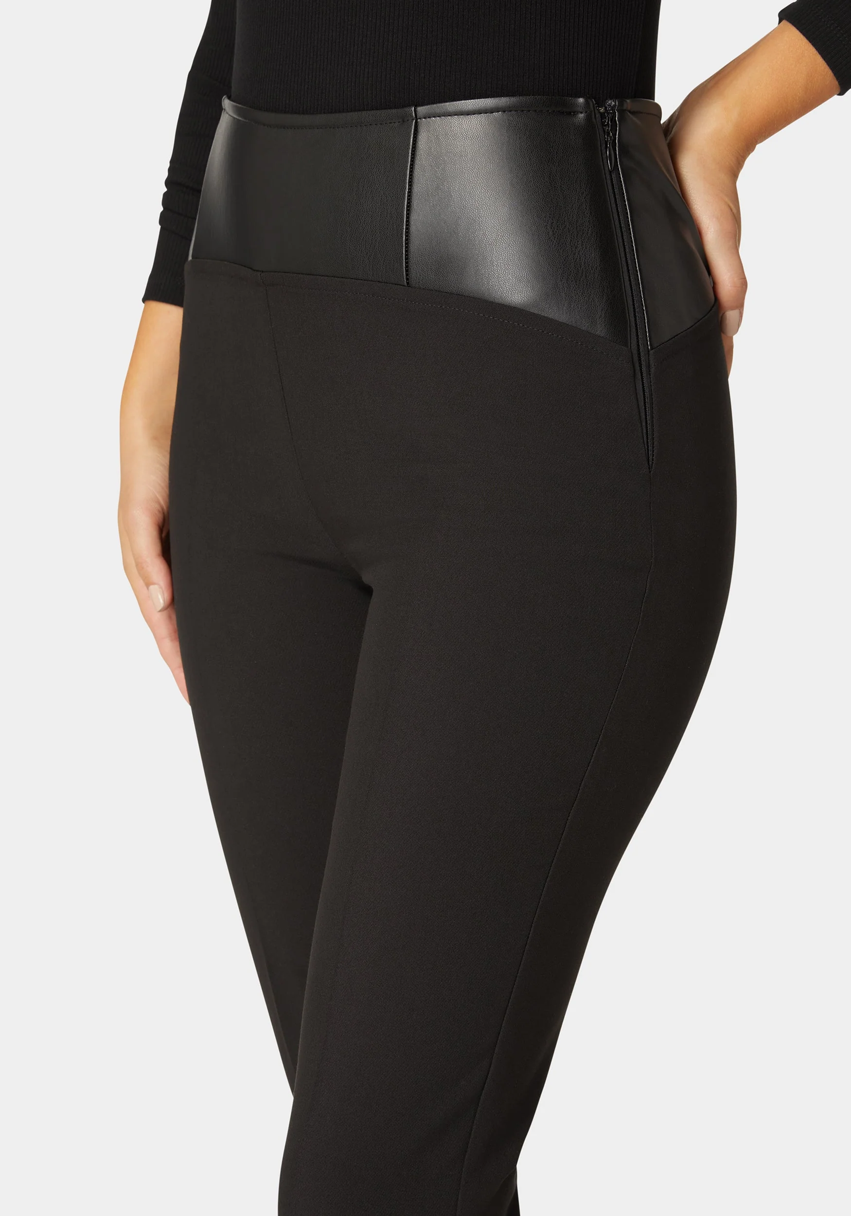 High Waist Vegan Leather Yoke Woven Twill Slim Leg Pant - Image 2
