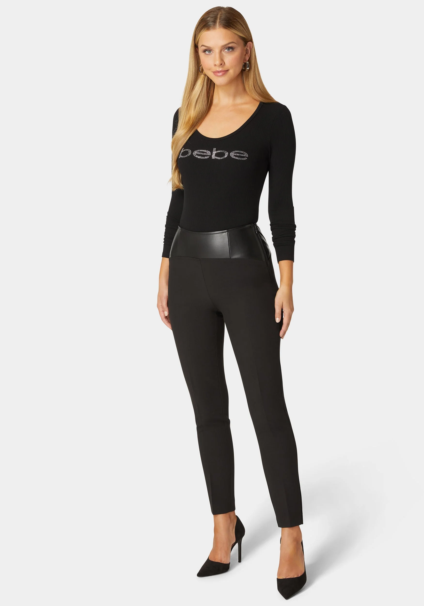 High Waist Vegan Leather Yoke Woven Twill Slim Leg Pant - Image 3