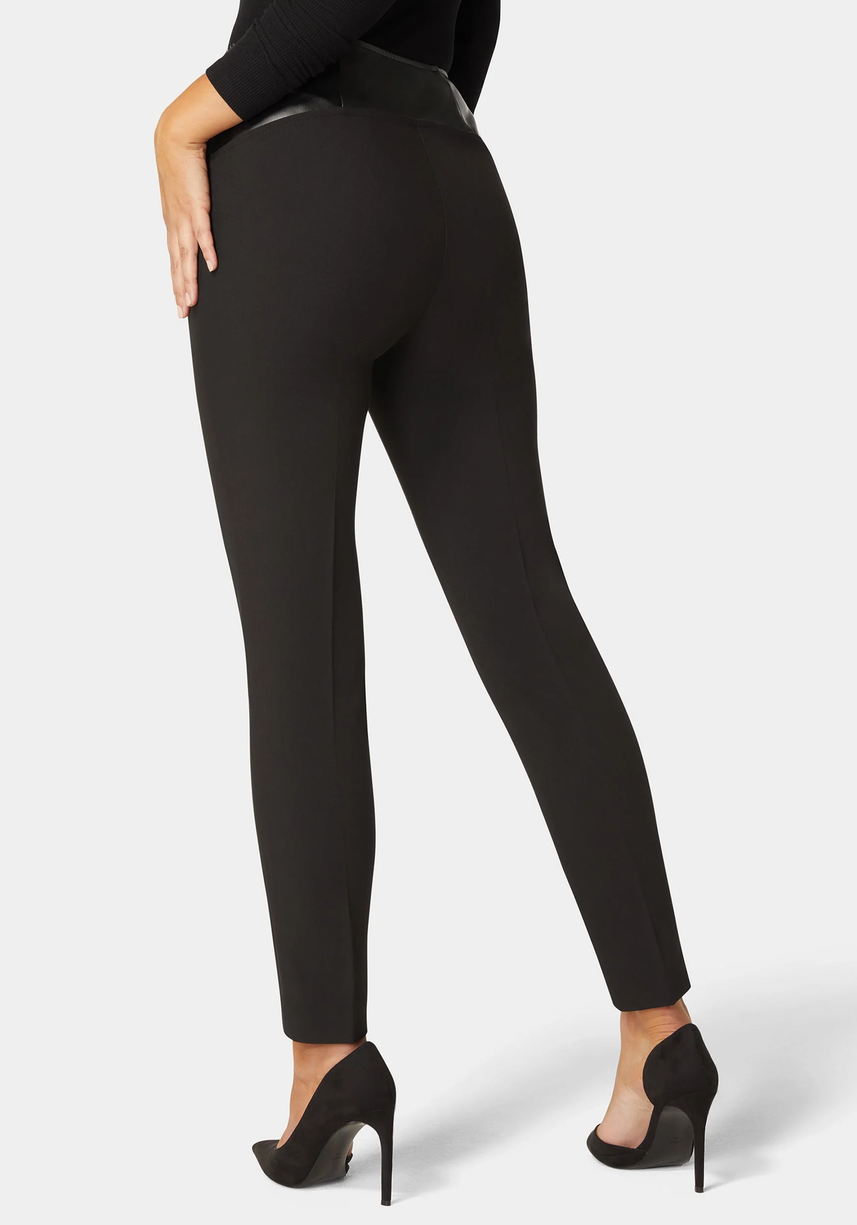 High Waist Vegan Leather Yoke Woven Twill Slim Leg Pant - Image 4