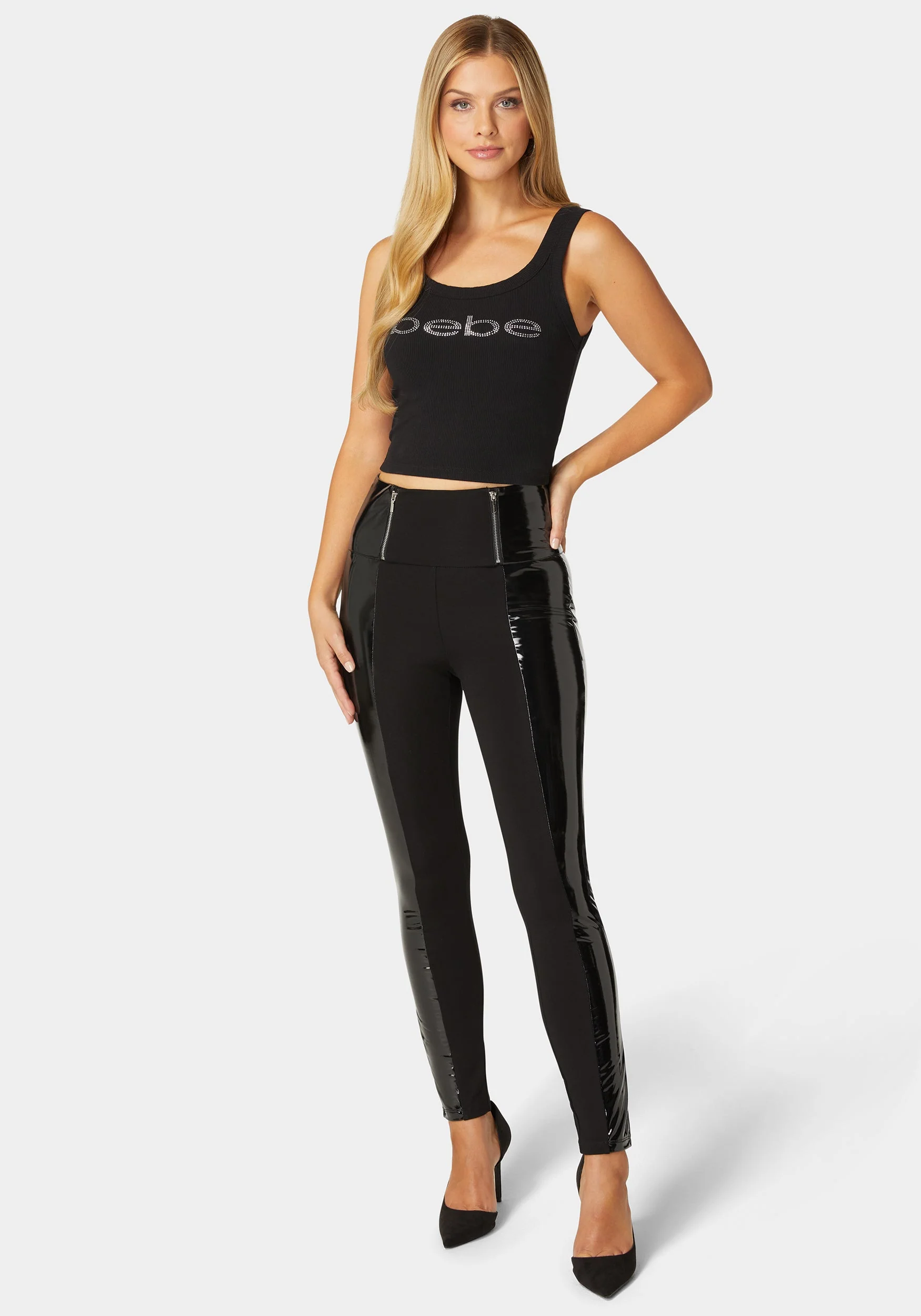 High Waist Zipper Detail Liquid Shine Combo Knit Legging - Image 2