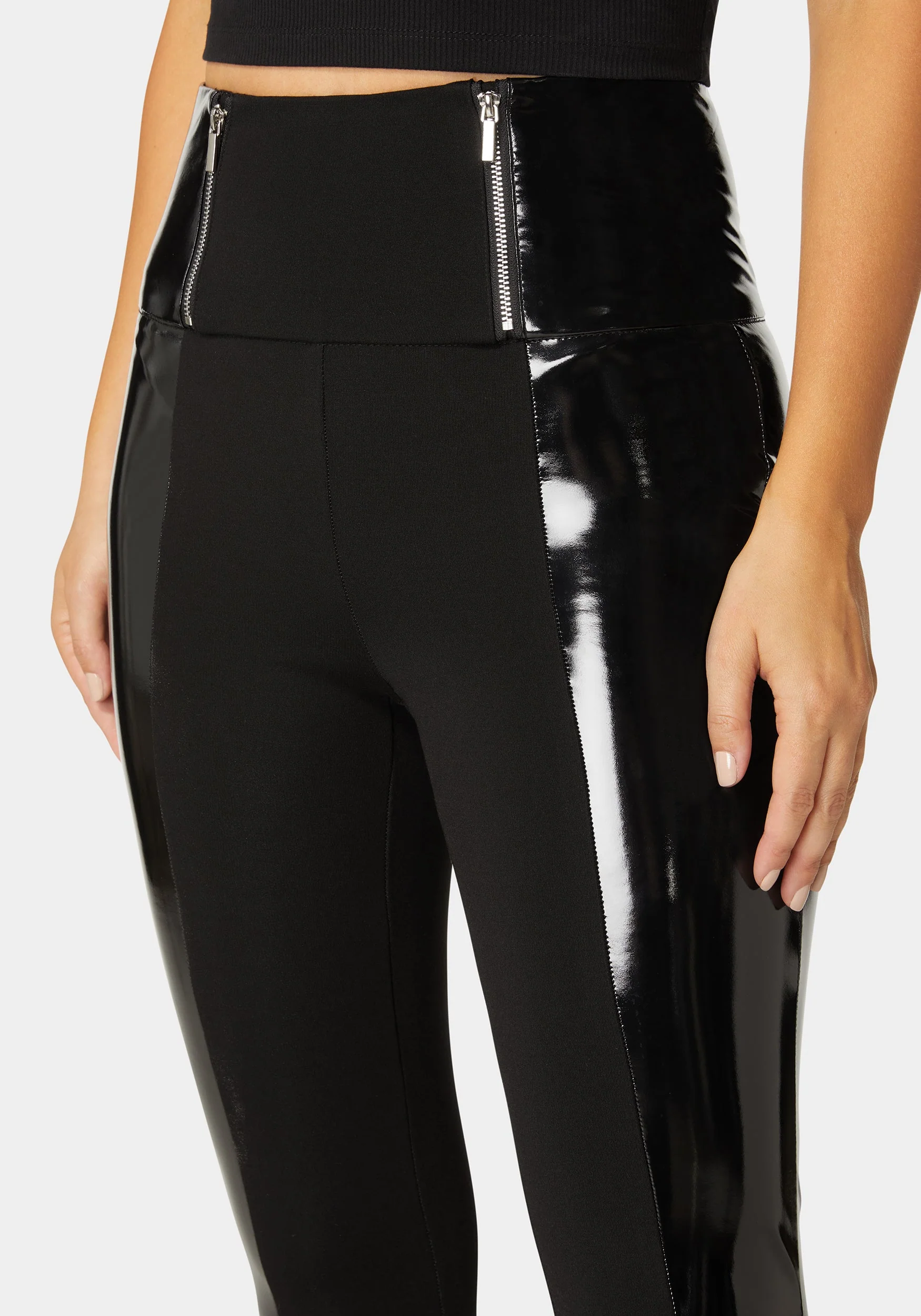 High Waist Zipper Detail Liquid Shine Combo Knit Legging - Image 4