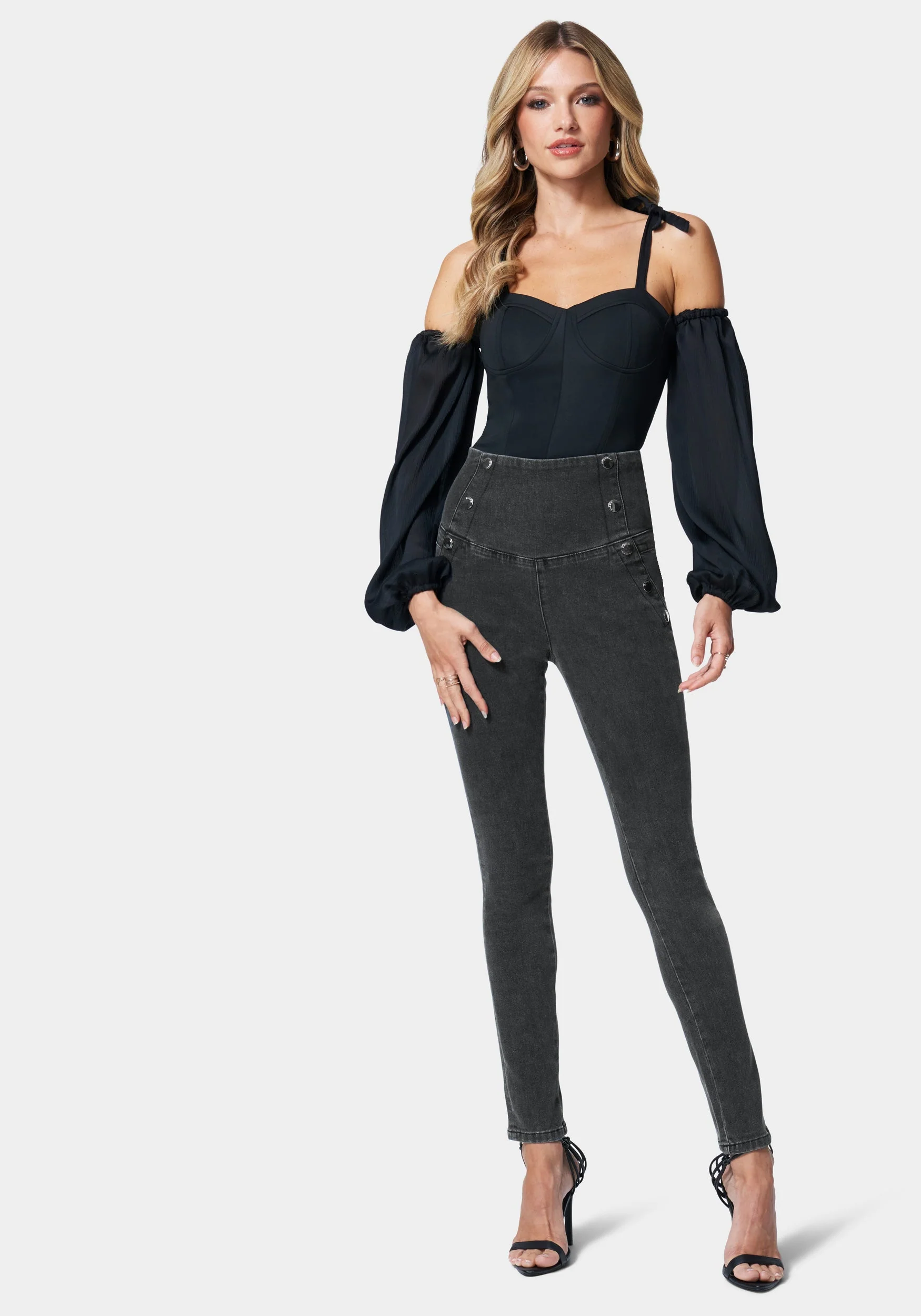 High Waisted Button Detail Skinny Jeans - Image 3