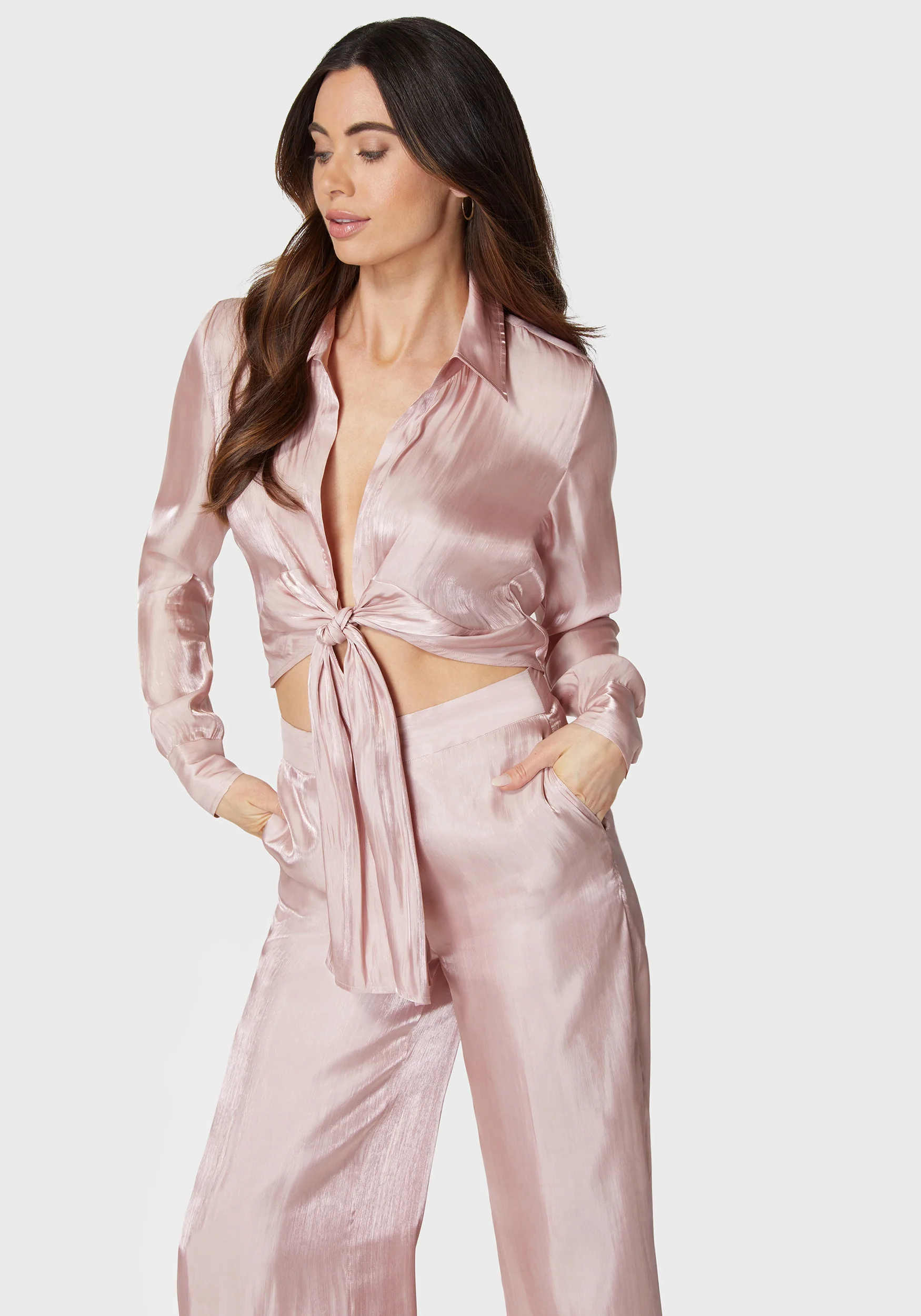 Iridescent Satin Tie Front Collared Blouse - Image 2