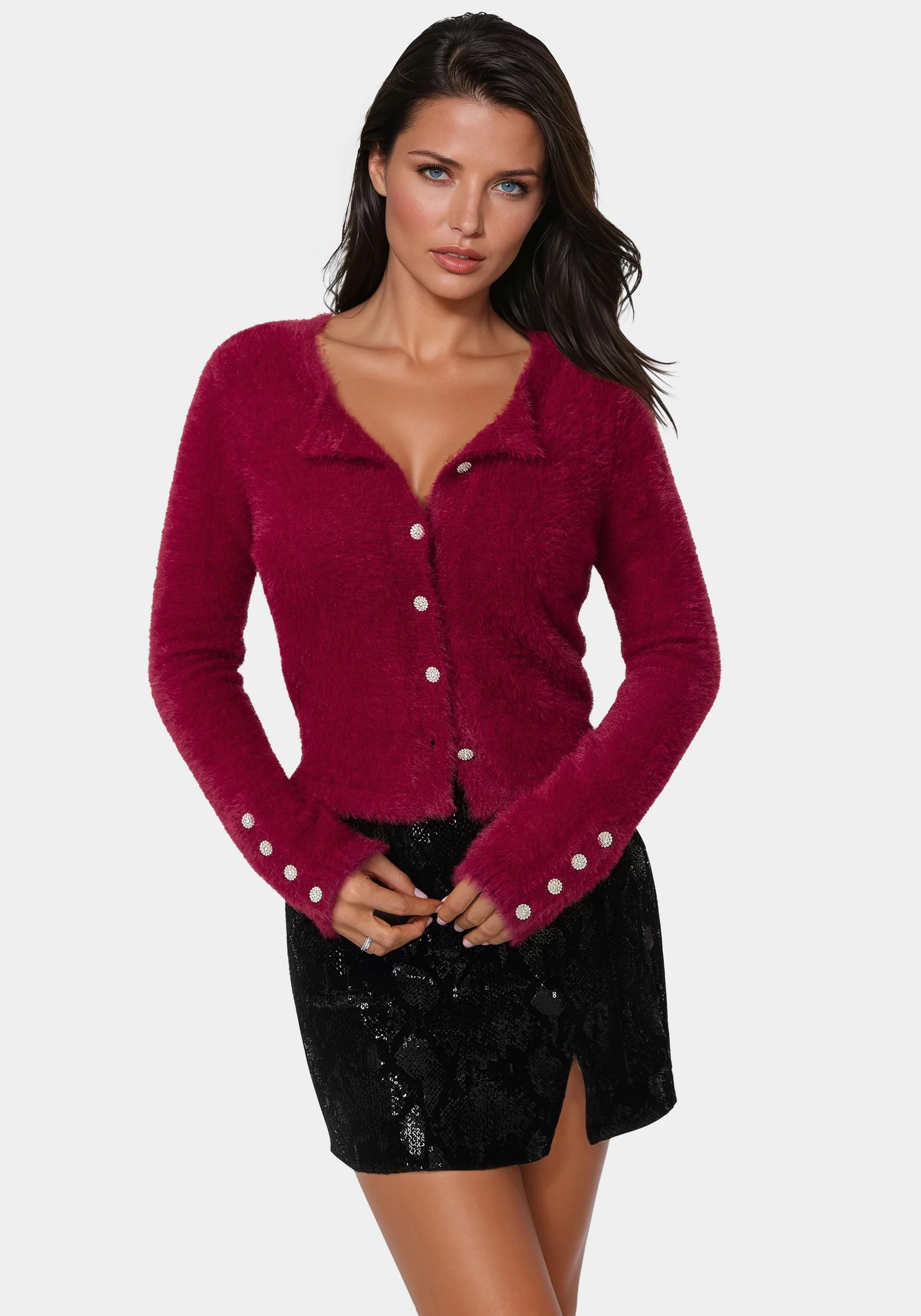Jewel Button Fuzzy Cardigan - Image 2