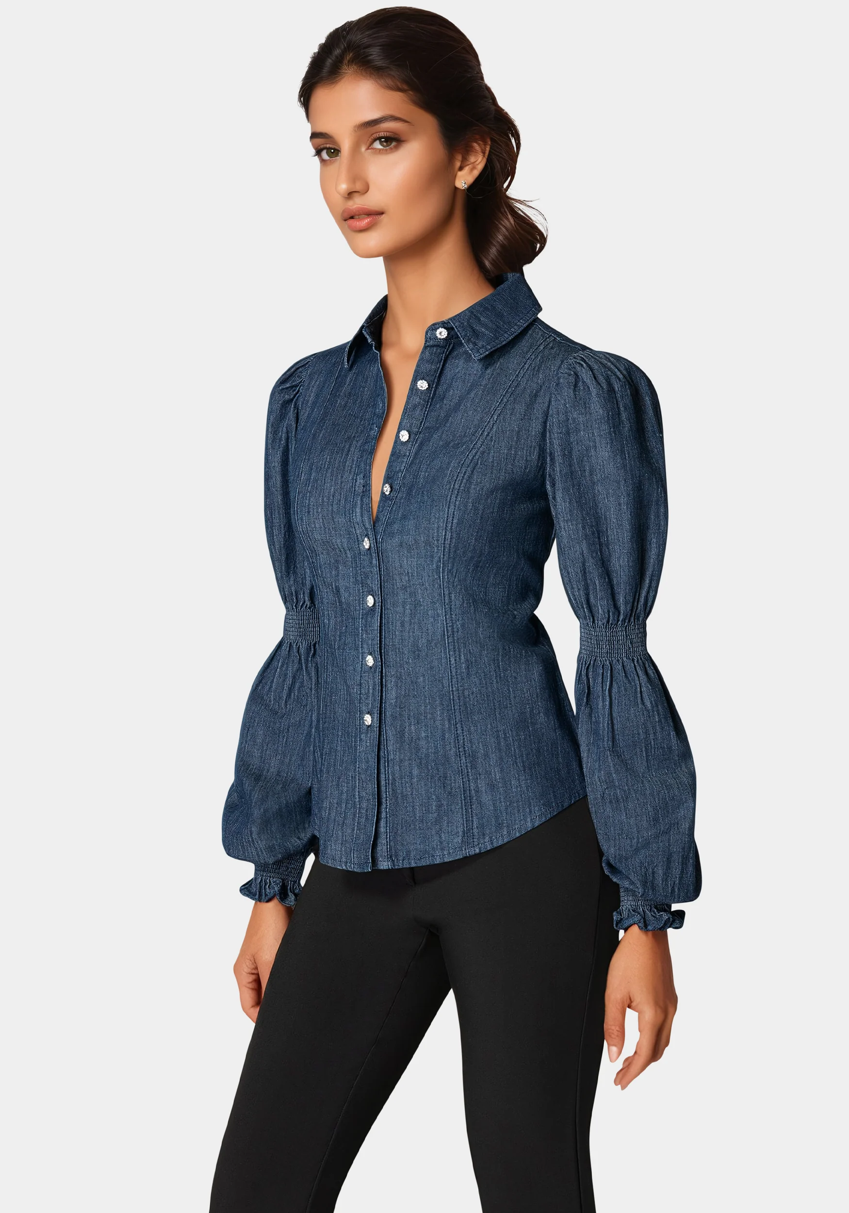 Jewel Detail Smocked Denim Blouse - Image 2