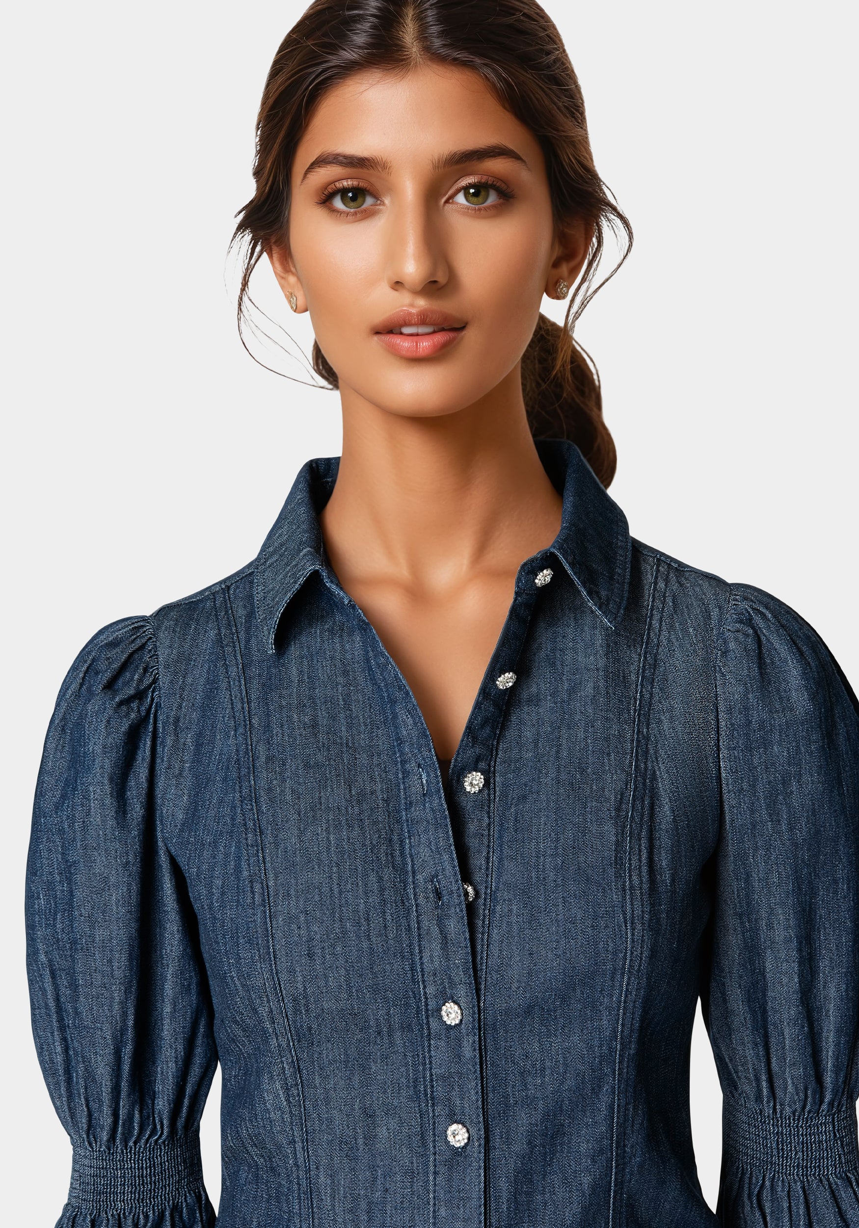 Jewel Detail Smocked Denim Blouse - Image 3
