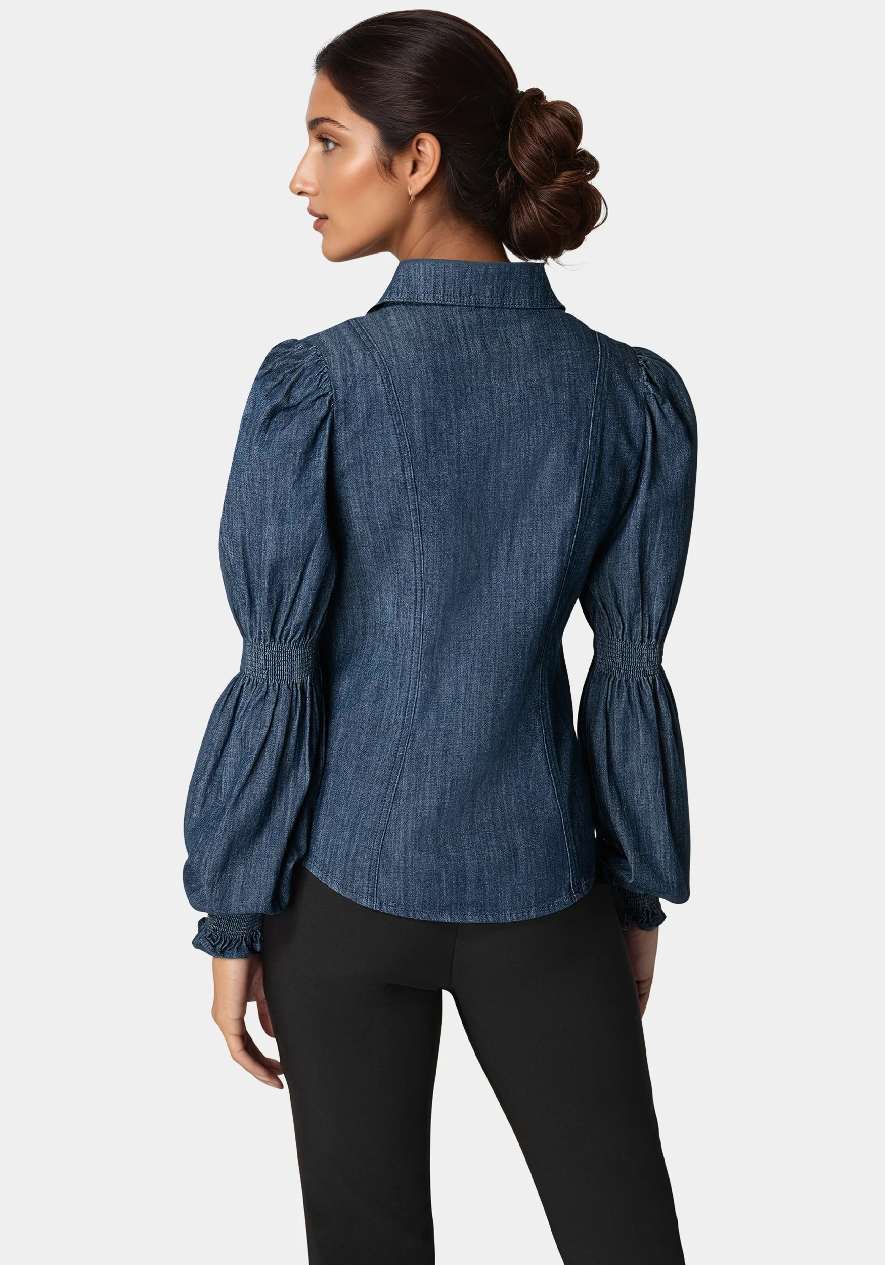 Jewel Detail Smocked Denim Blouse - Image 4