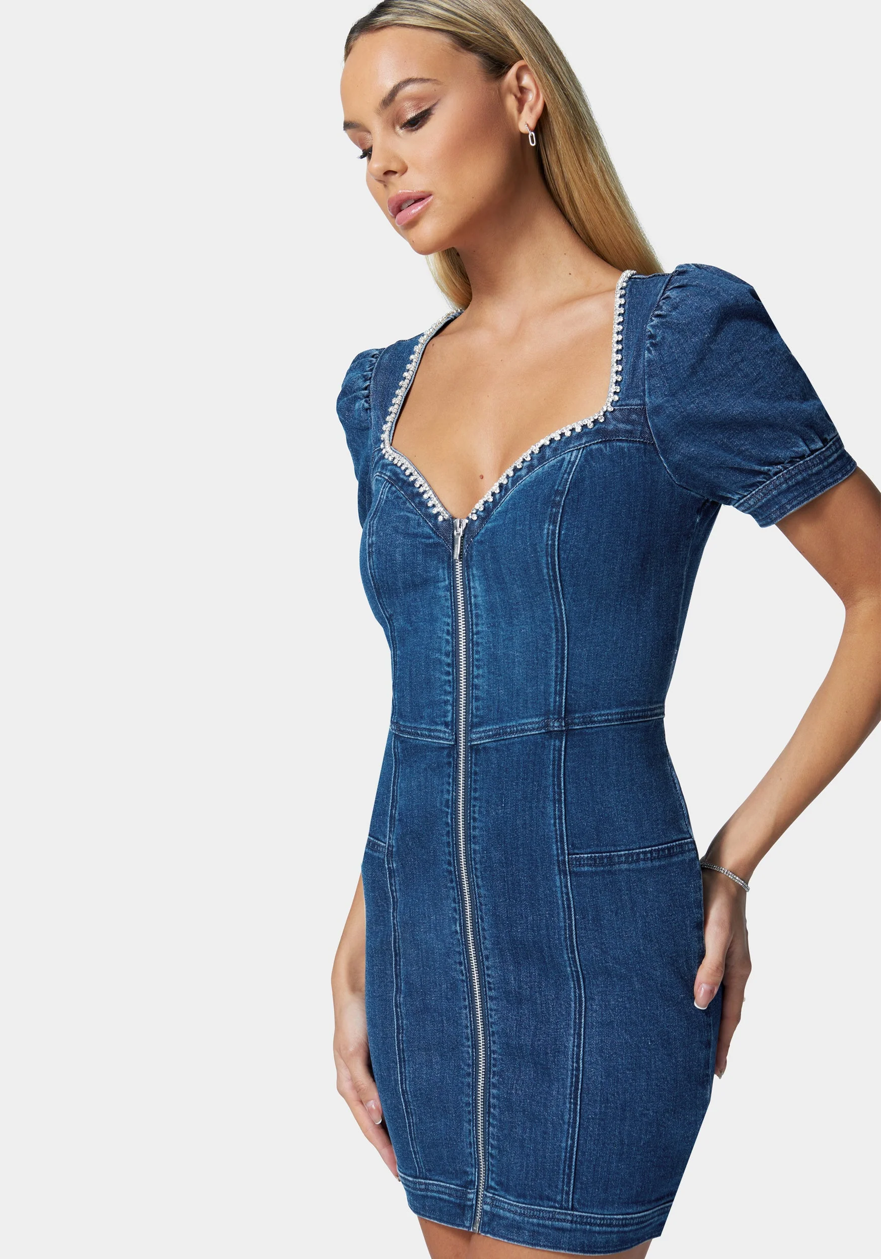 Jewel Trim Sweetheart Denim Dress - Image 2