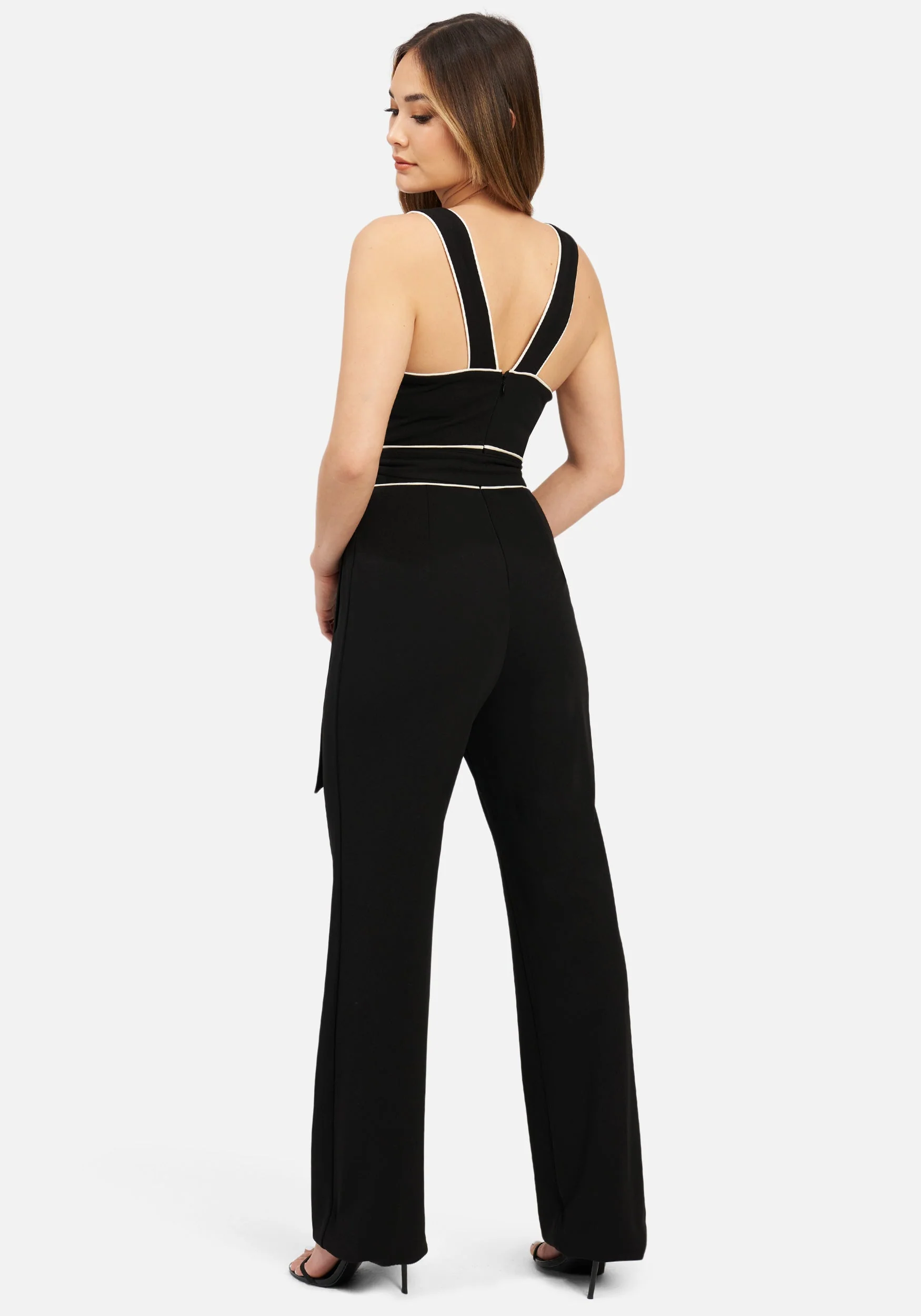 Knit Crepe Jumpsuit W/ Front Cutout & Contrast Piping - Image 3