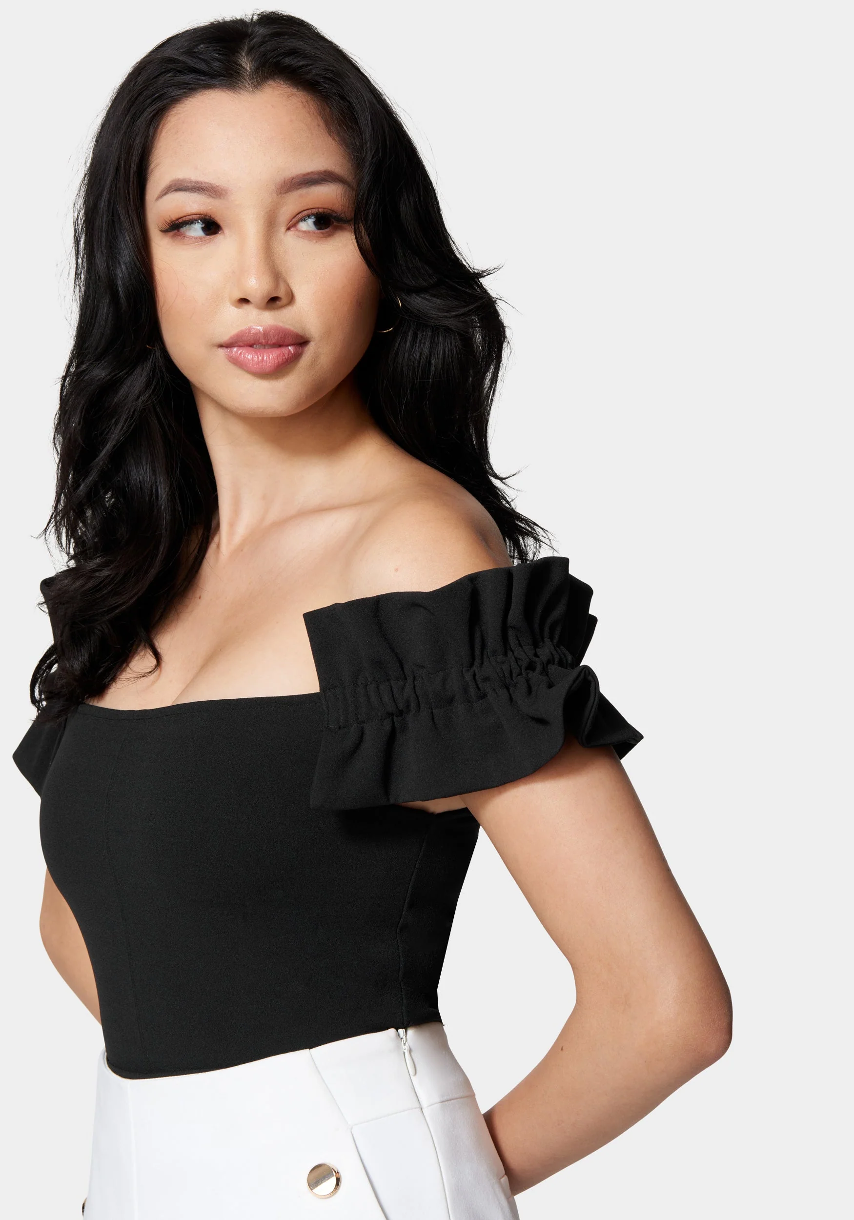 Knit Crepe Off Shoulder Ruffle Top - Image 2