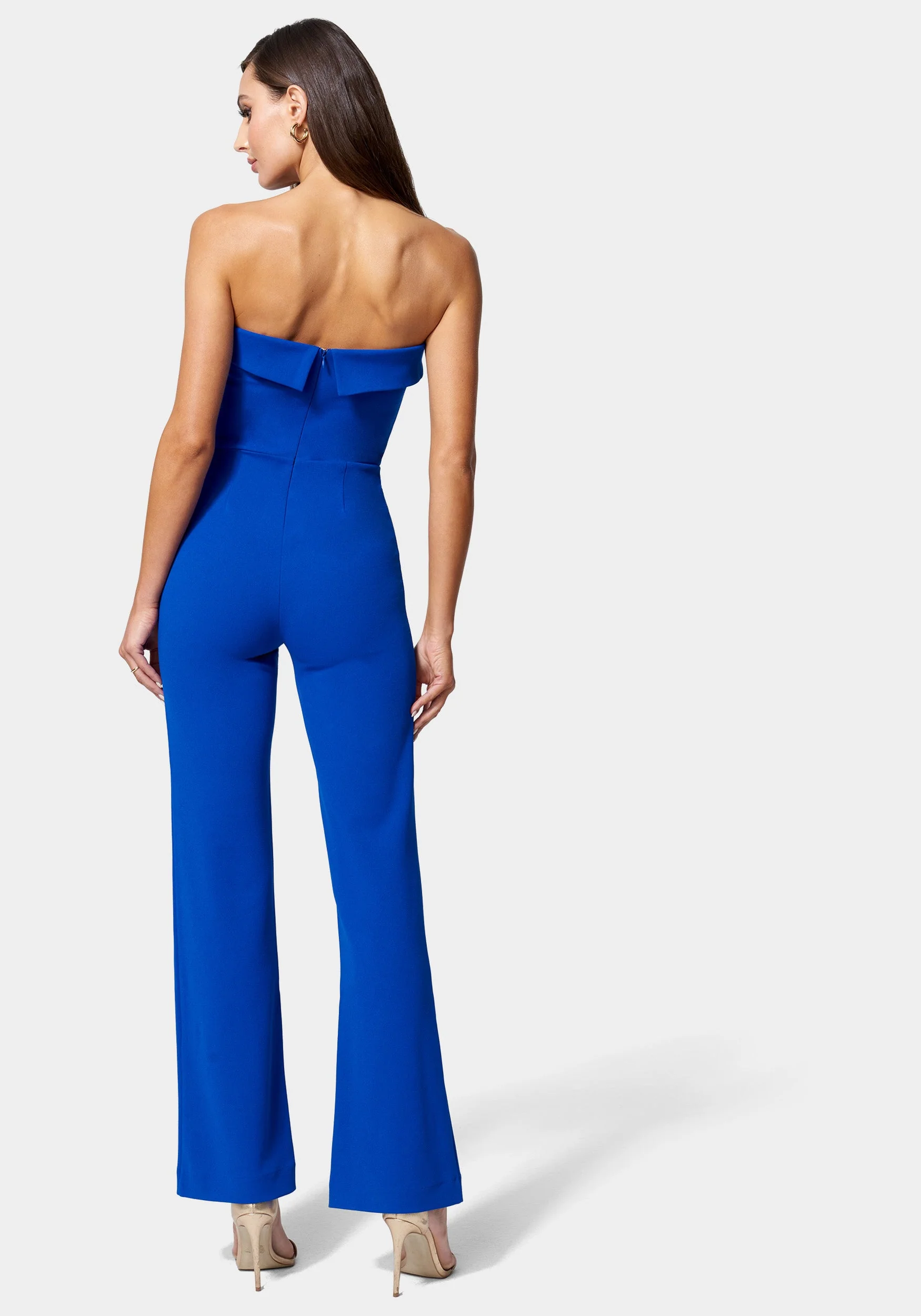 Knit Crepe Strapless Button Detail Wide Leg Jumpsuit - Image 3