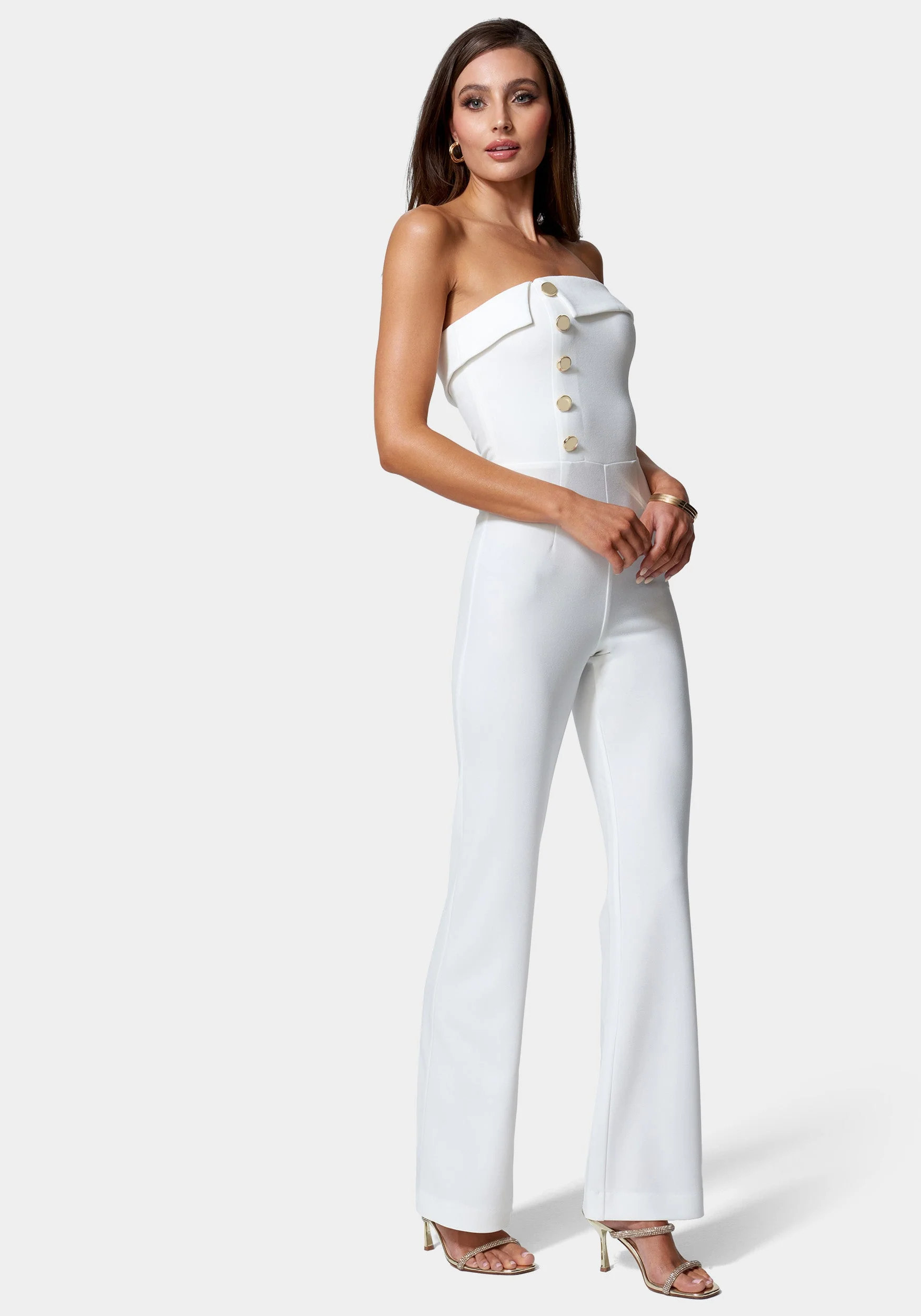 Knit Crepe Strapless Button Detail Wide Leg Jumpsuit - Image 2